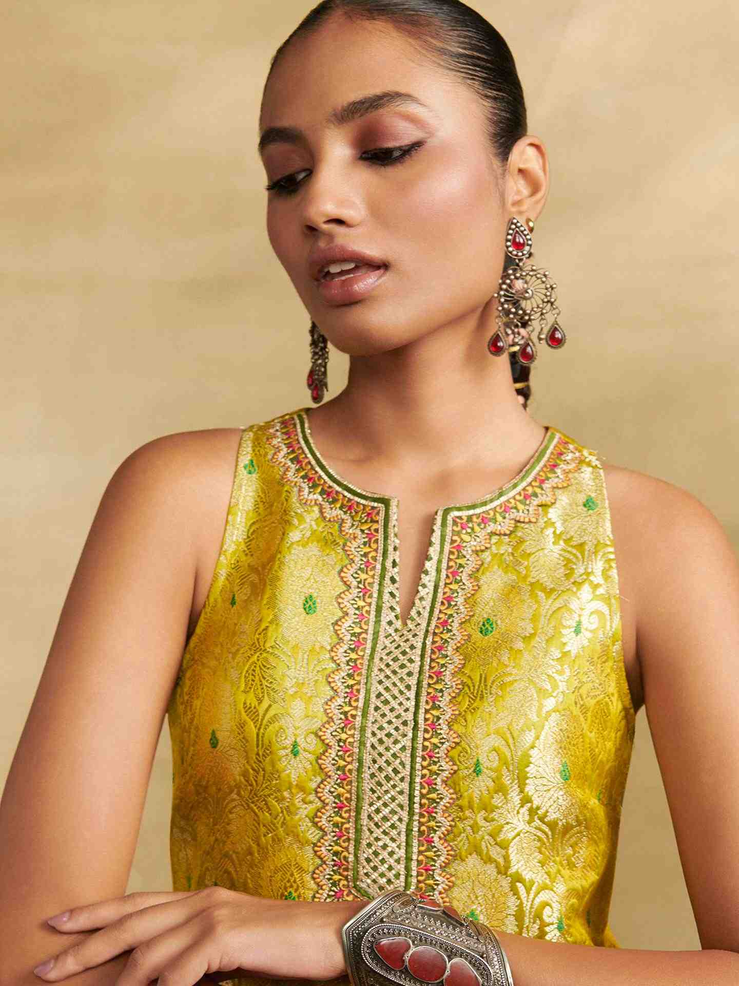 Lime Green Mumtaz Festive Brocade Suit Set