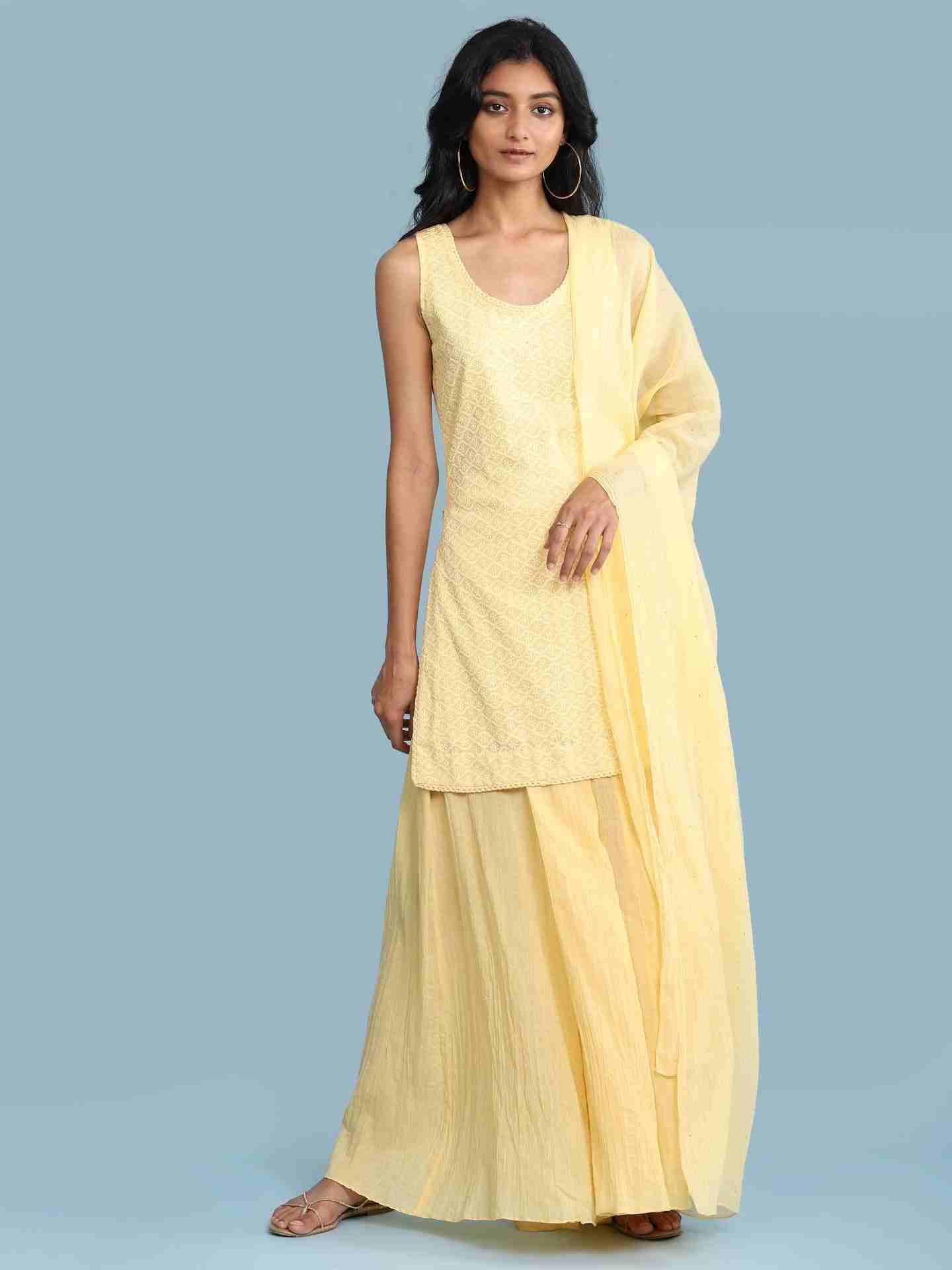 Yellow Chikankari Schiffli Sharara Suit