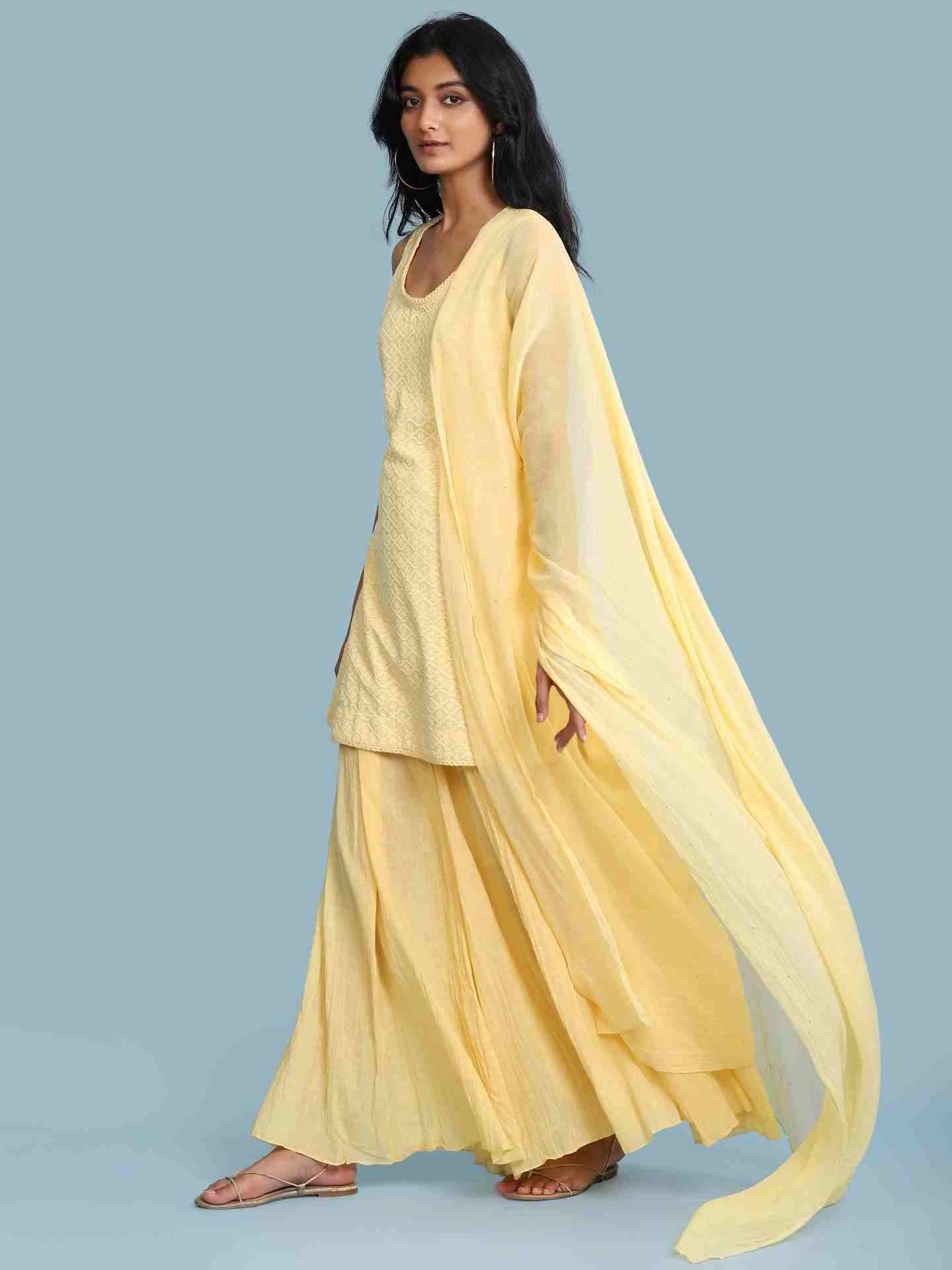 Yellow Chikankari Schiffli Sharara Suit