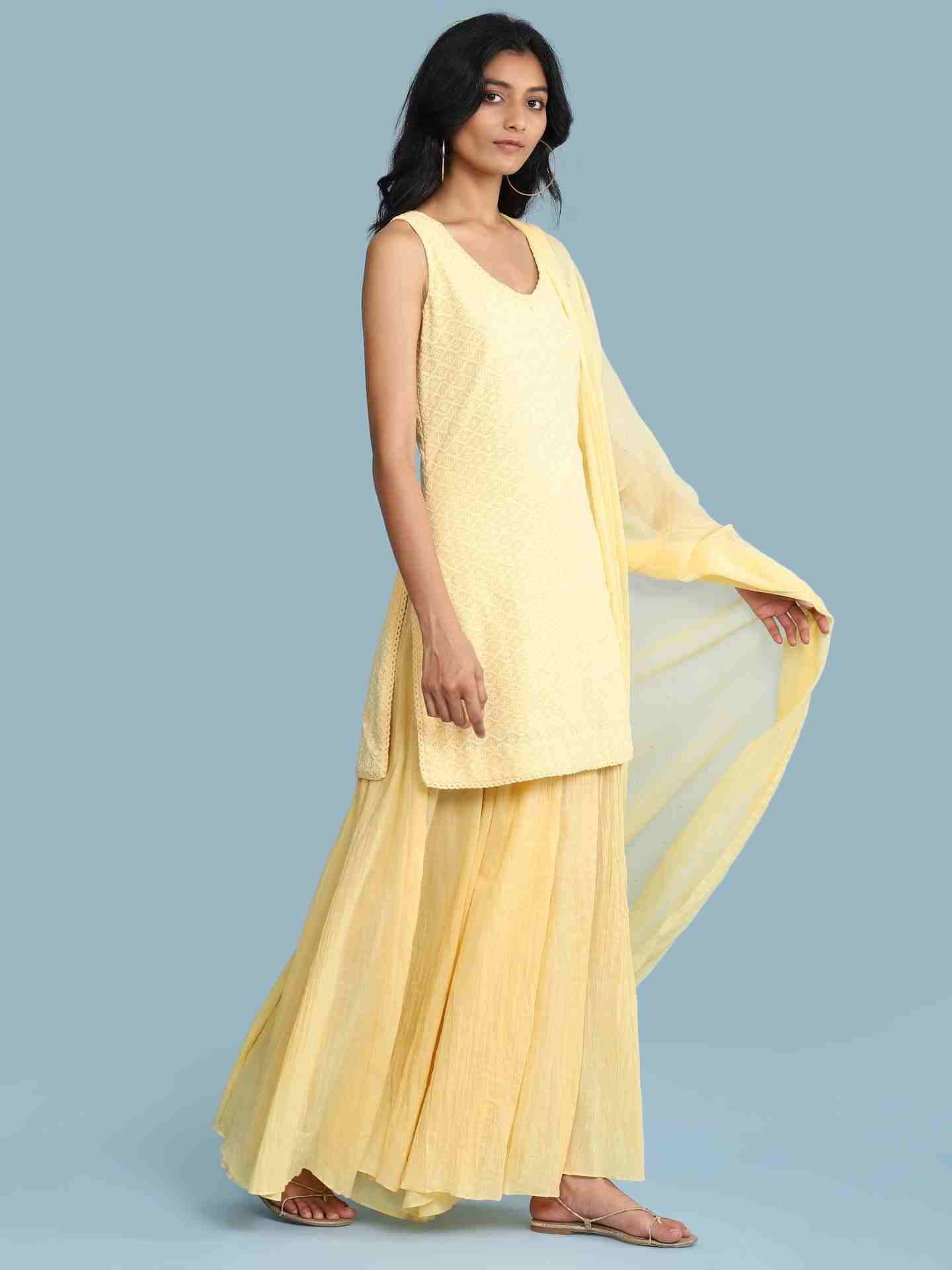 Yellow Chikankari Schiffli Sharara Suit