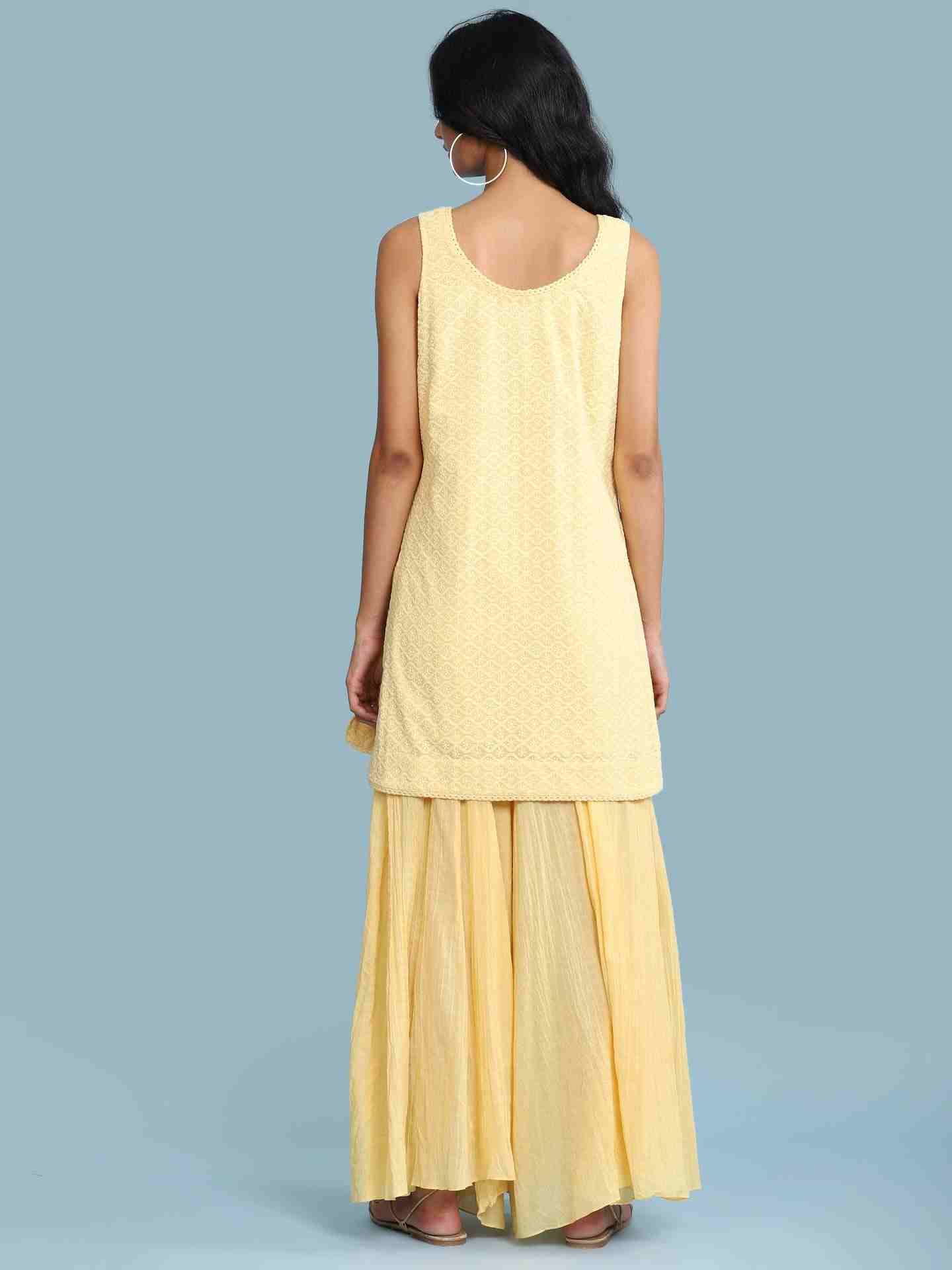 Yellow Chikankari Schiffli Sharara Suit