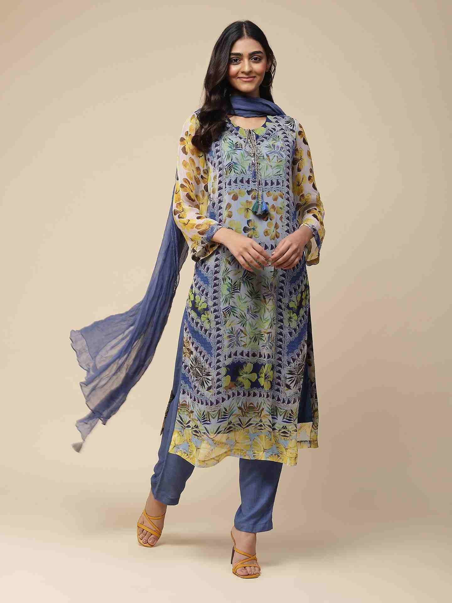 Blue Exotic Floral Suit Set