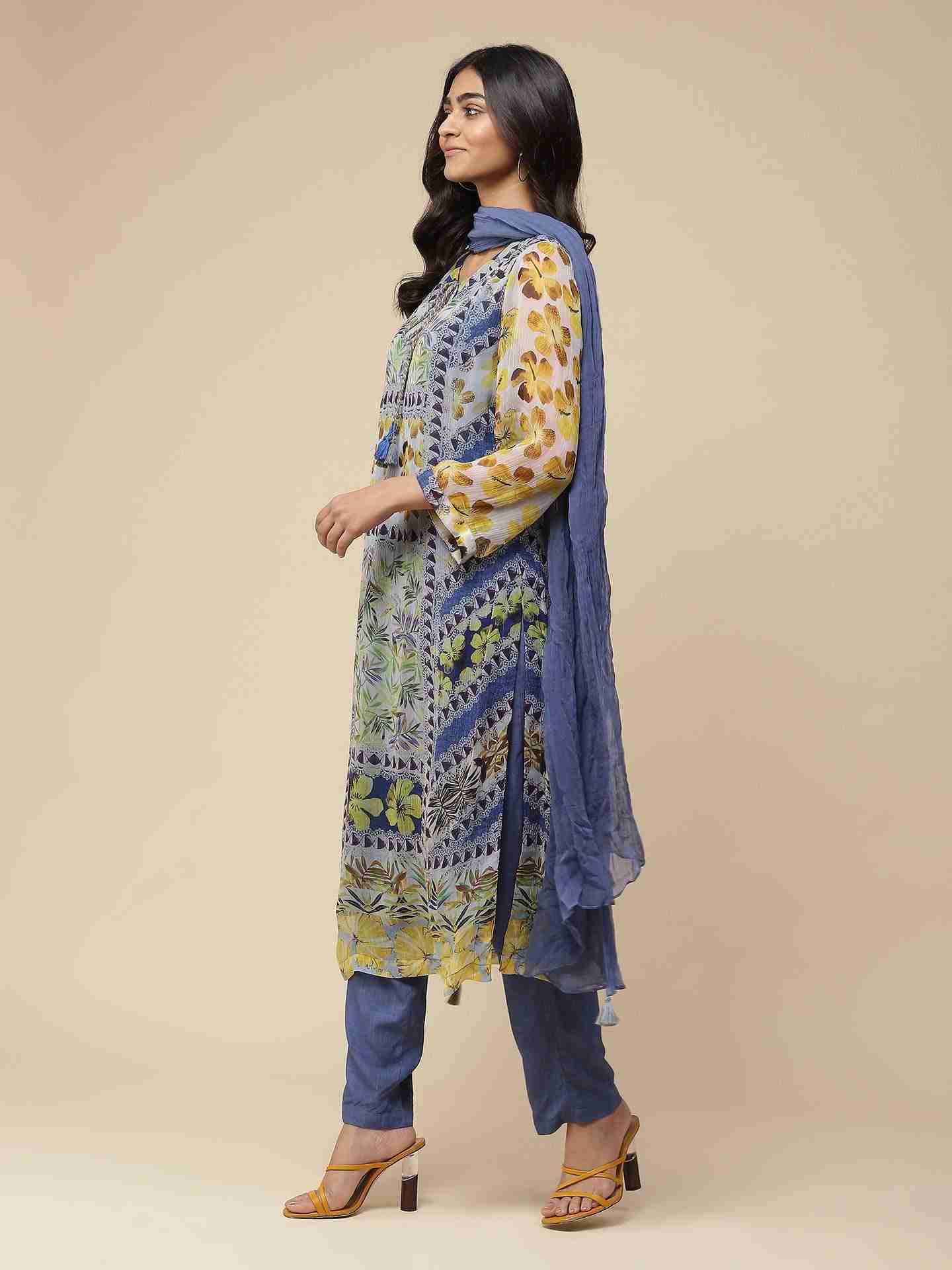 Blue Exotic Floral Suit Set