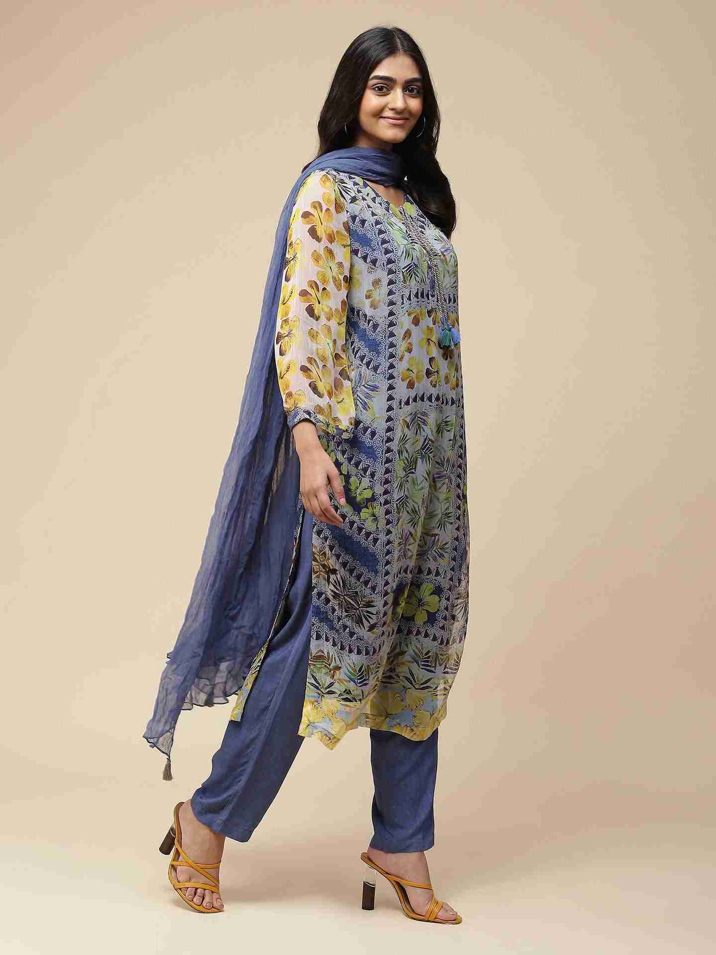Blue Exotic Floral Suit Set