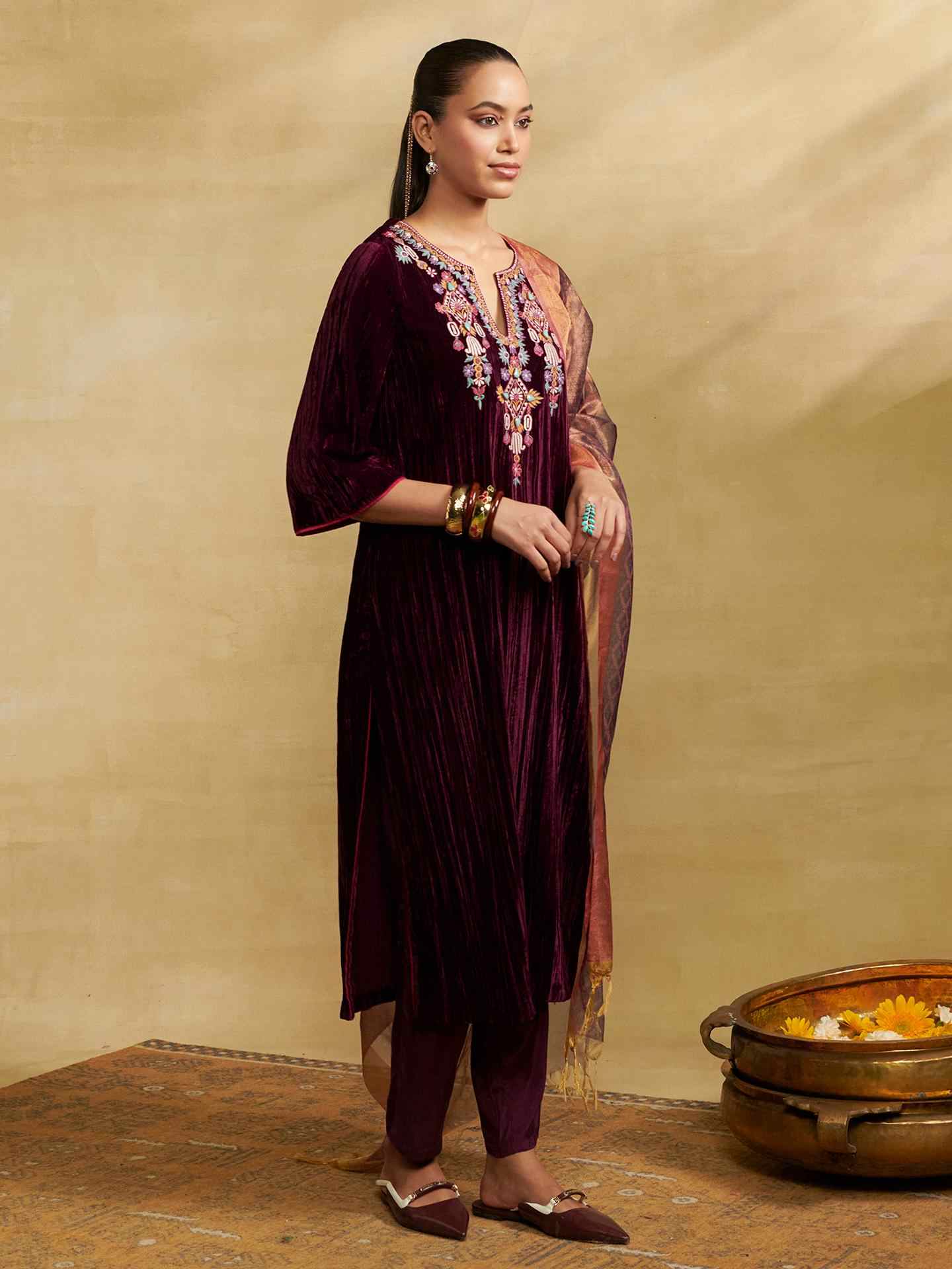 Wine Nora Solid Festive
 Suit Set