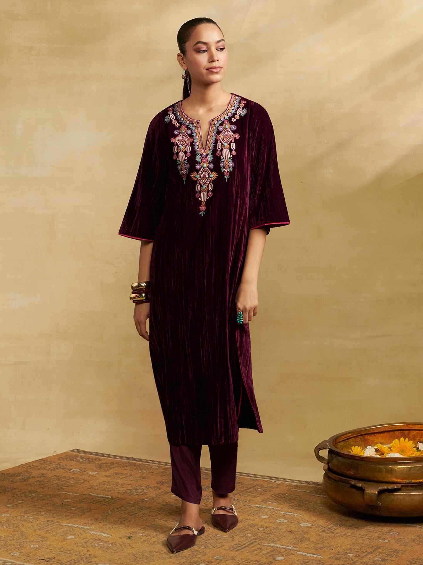 Wine Nora Solid Festive
 Suit Set