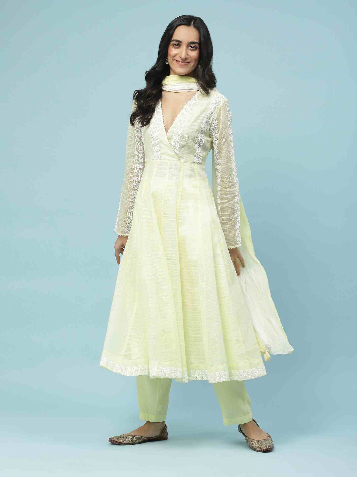 Lemon Yellow Paisely Solid Anarkali Suit