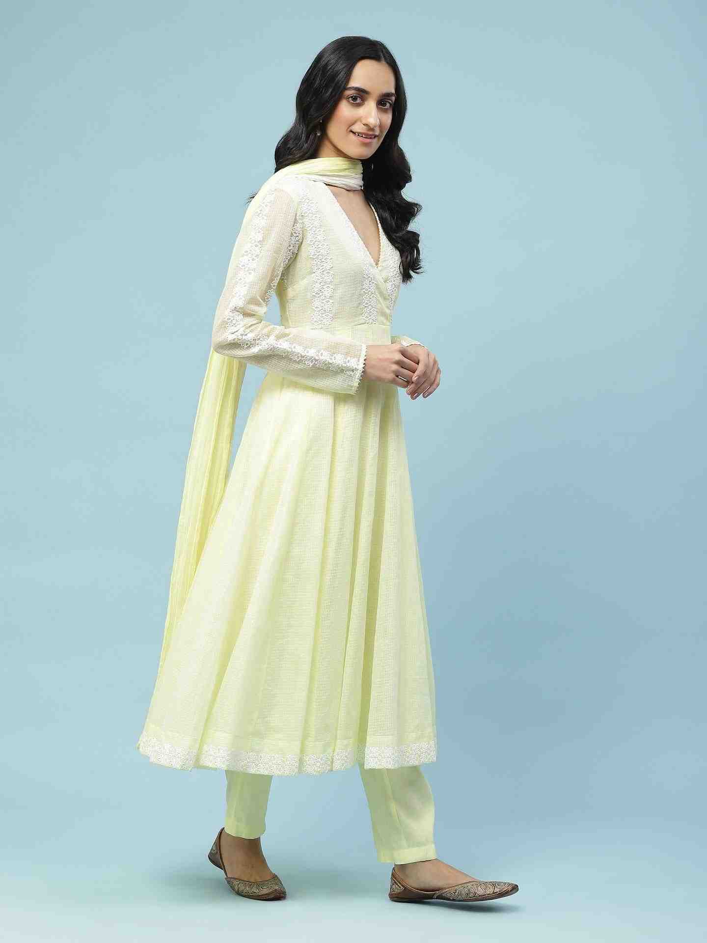 Lemon Yellow Paisely Solid Anarkali Suit