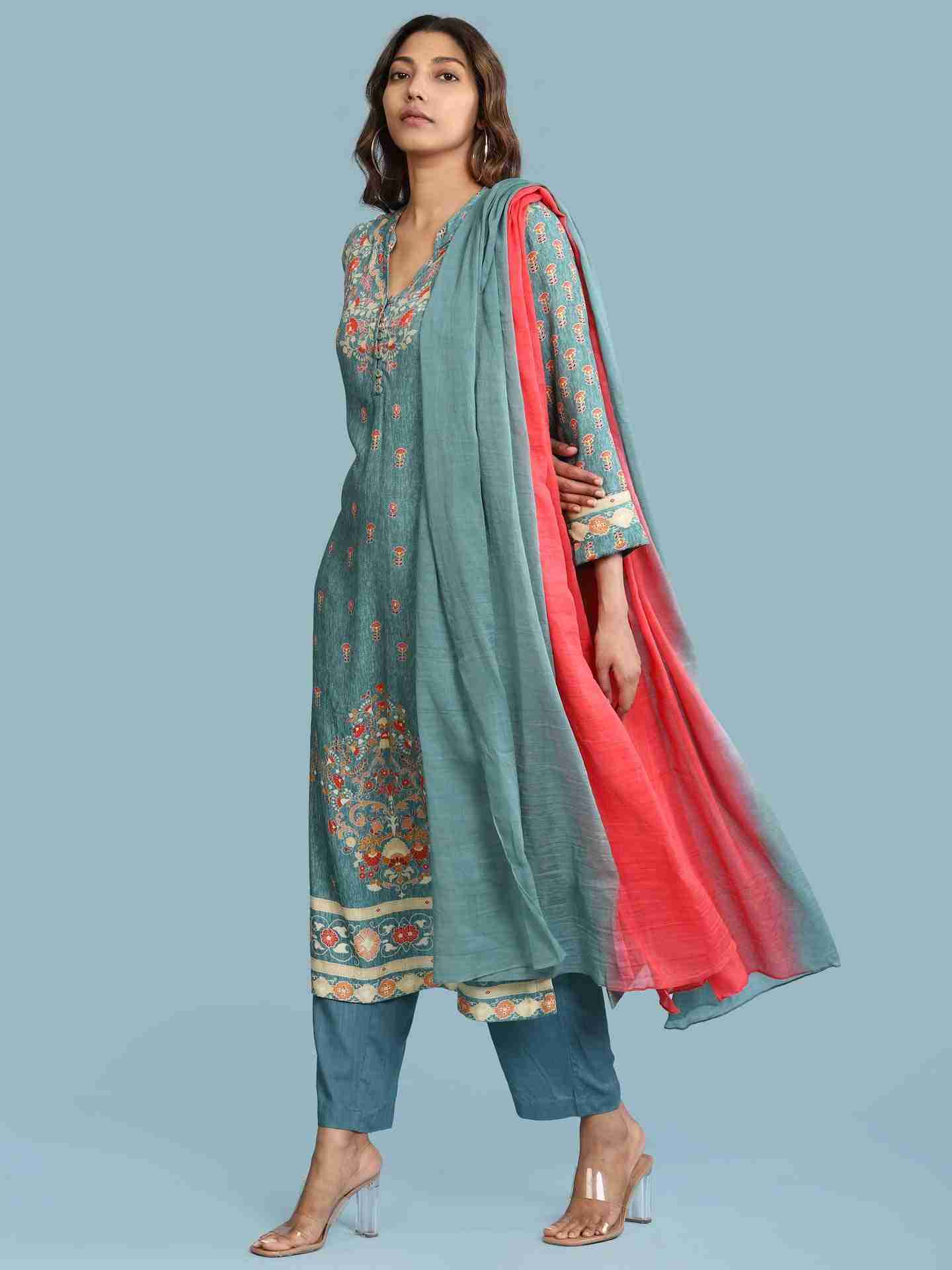 Green Kalki Print Suit Set