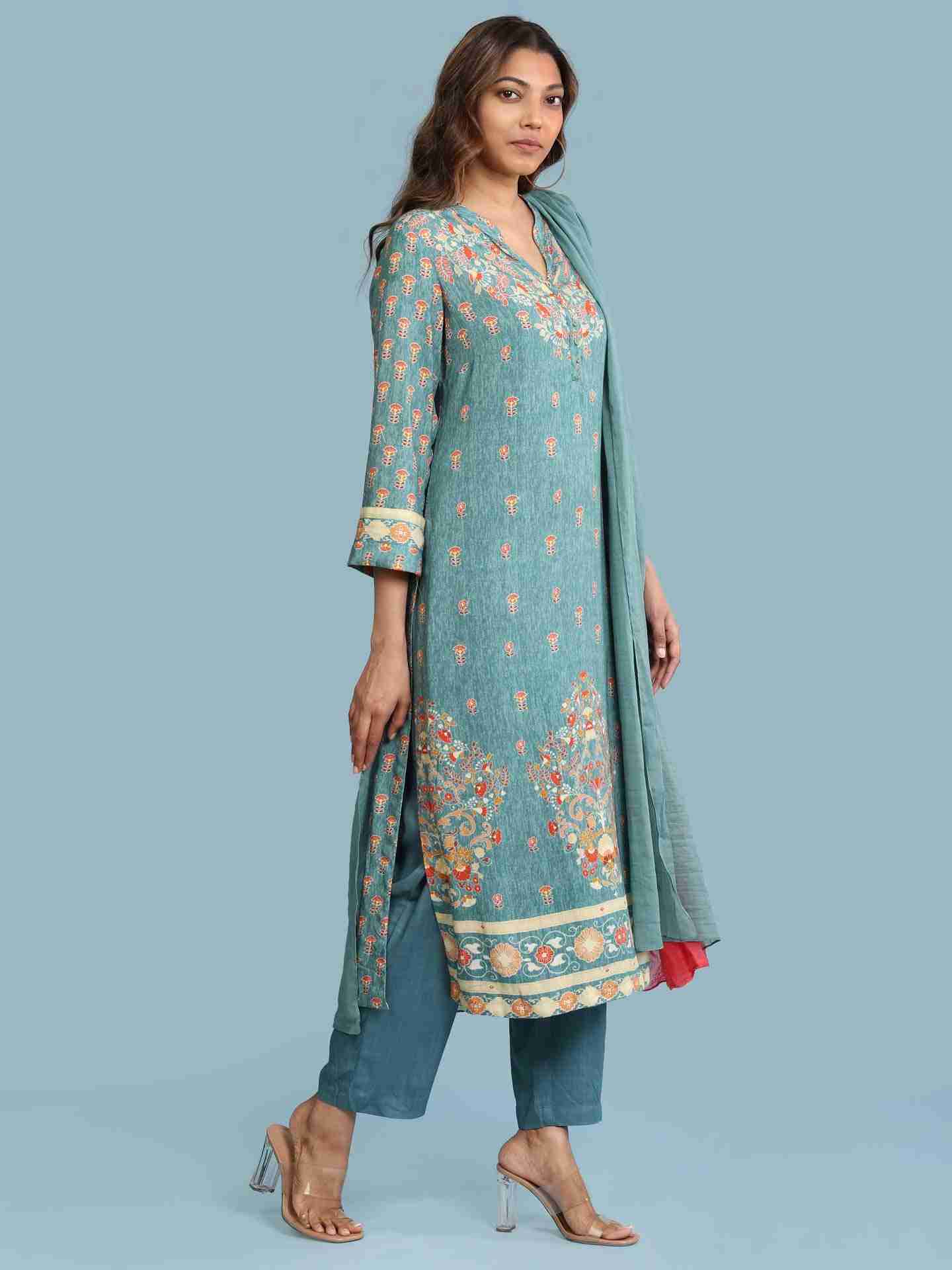 Green Kalki Print Suit Set