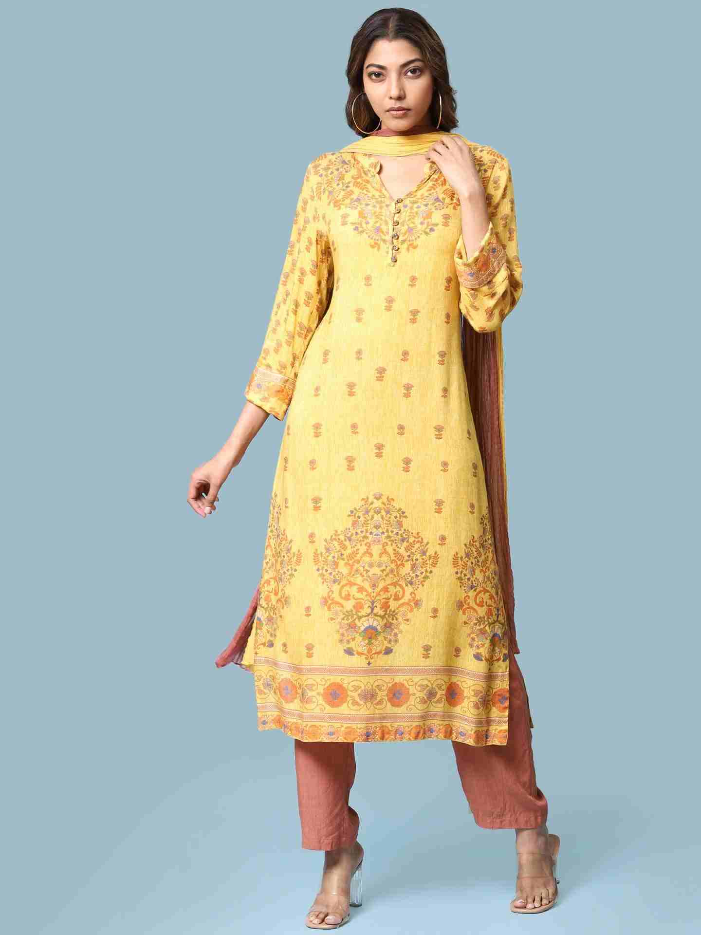 Yellow Kalki Print Suit Set