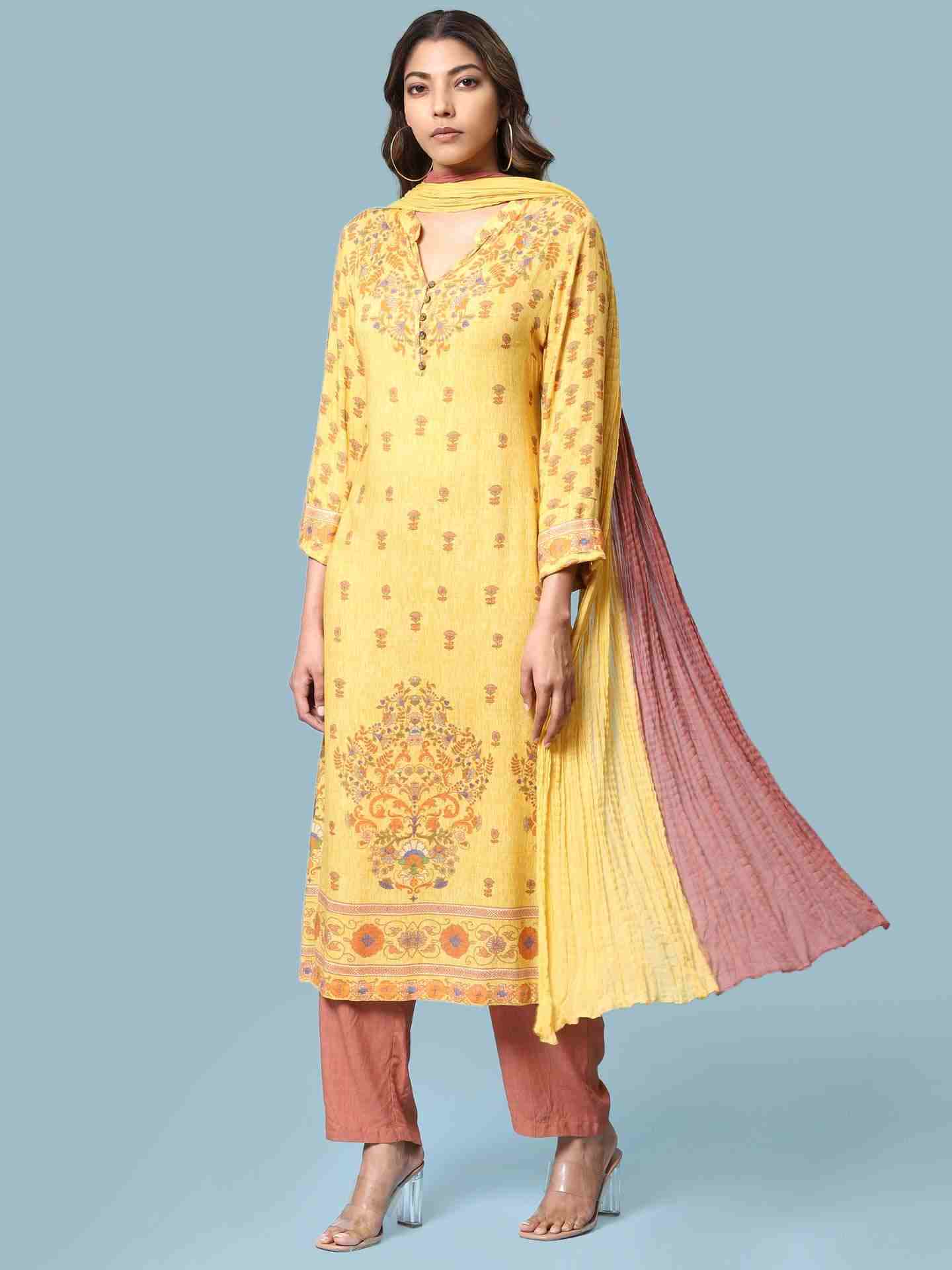 Yellow Kalki Print Suit Set
