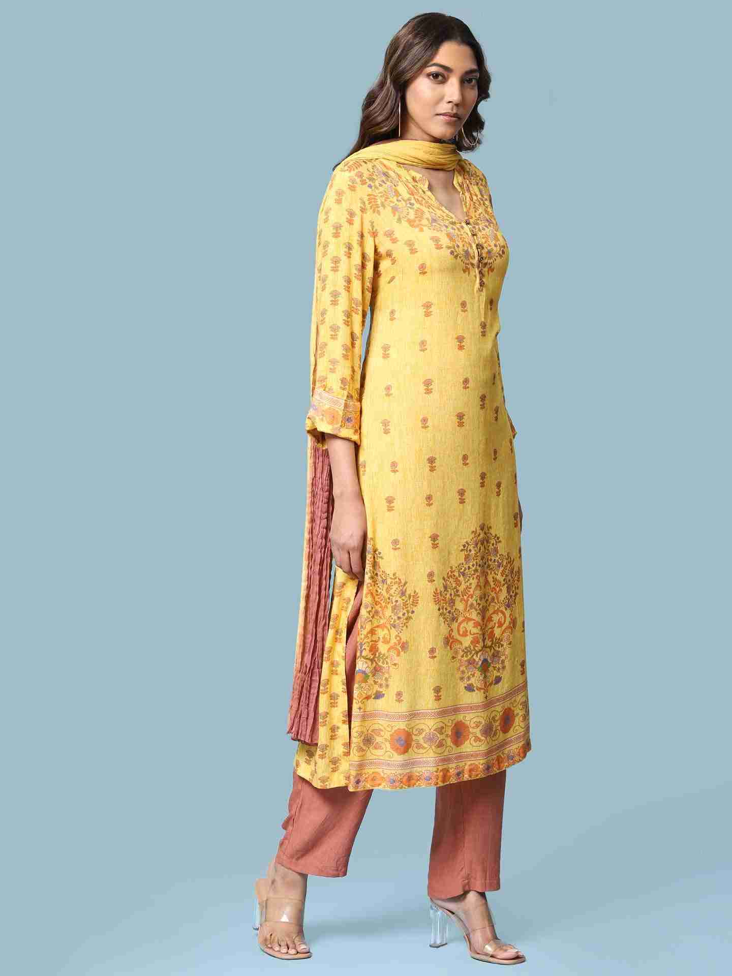 Yellow Kalki Print Suit Set