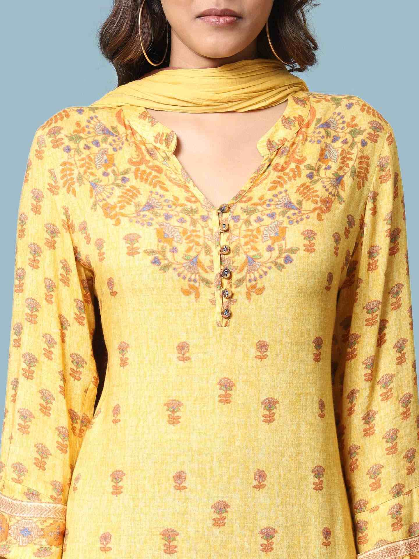 Yellow Kalki Print Suit Set