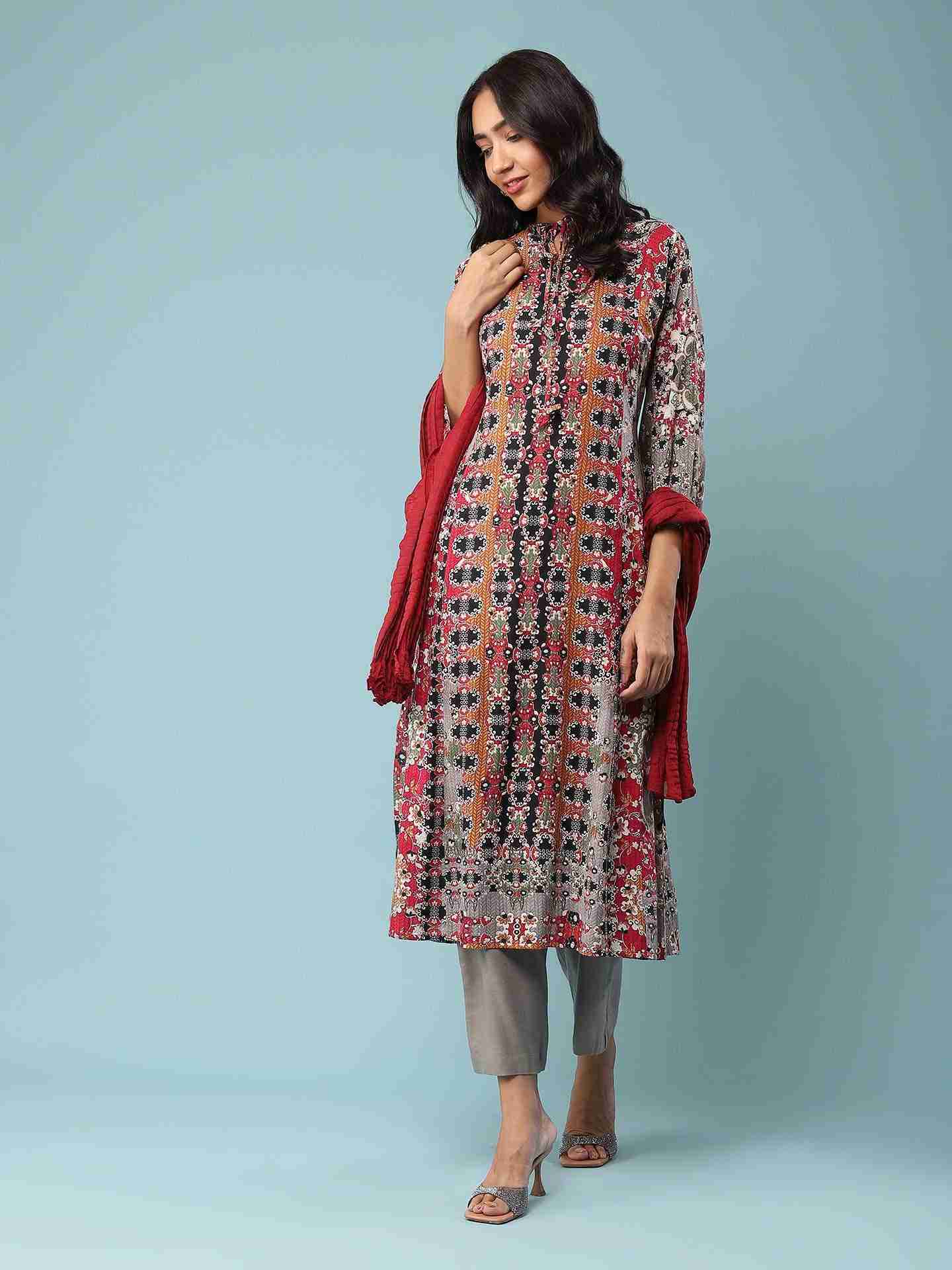 Red Abstract Floral Suit Set