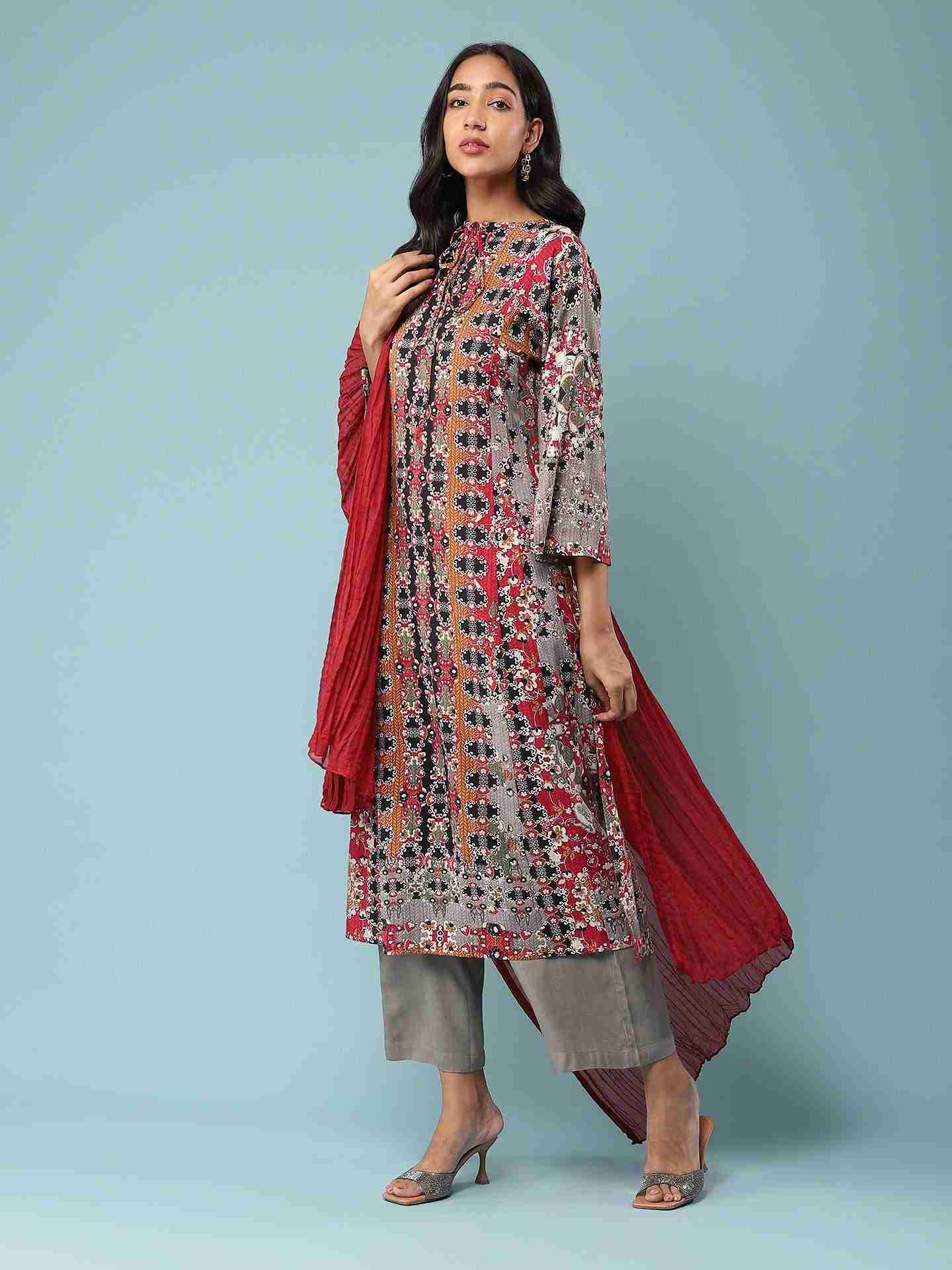 Red Abstract Floral Suit Set