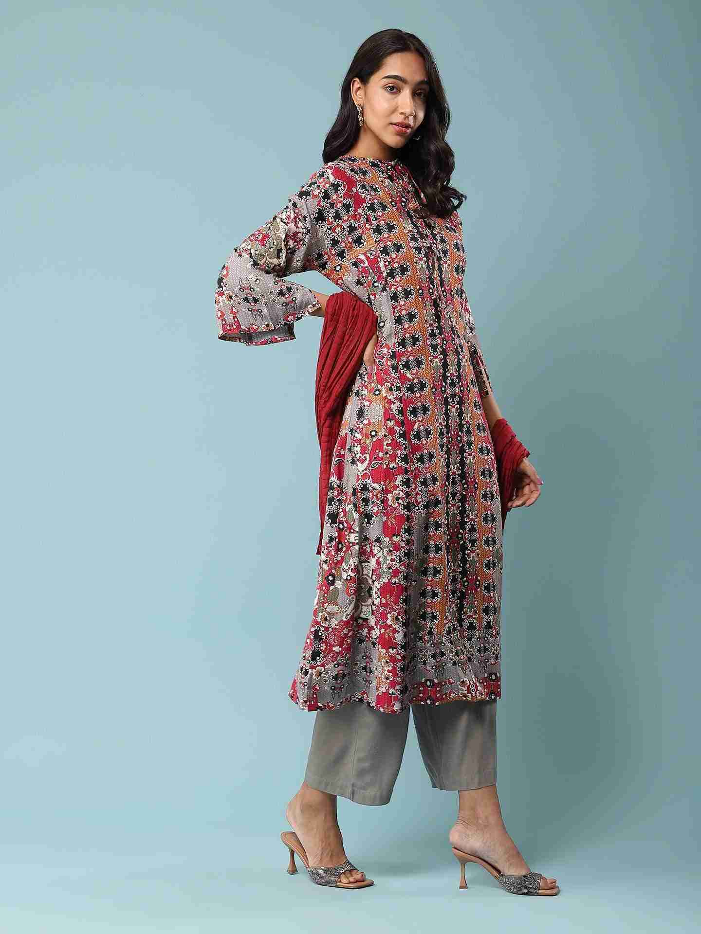 Red Abstract Floral Suit Set