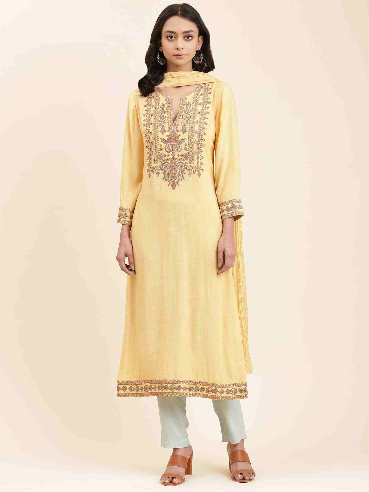 Yellow Suzani Solid Suit Set