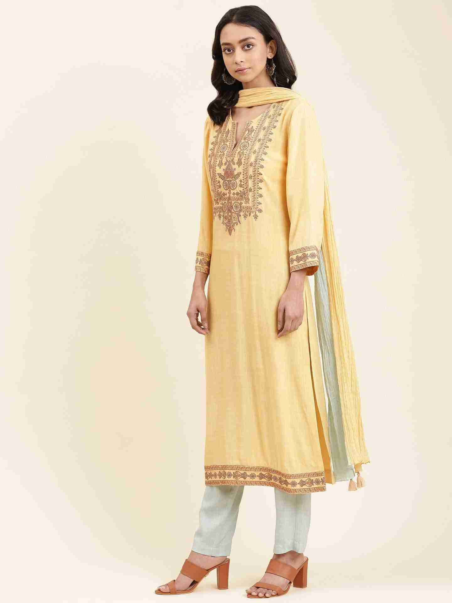 Yellow Suzani Solid Suit Set
