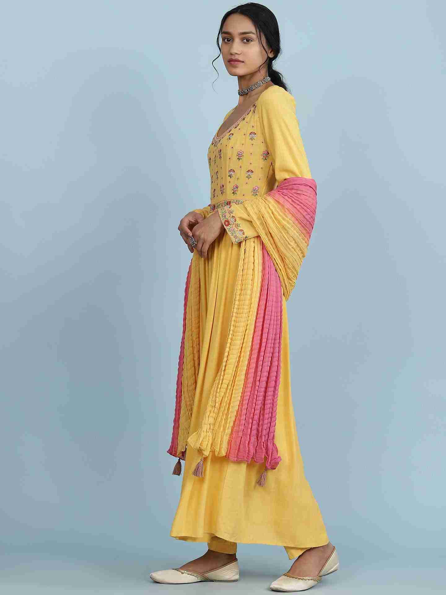 Yellow Ikat Solid Anarkali Suit