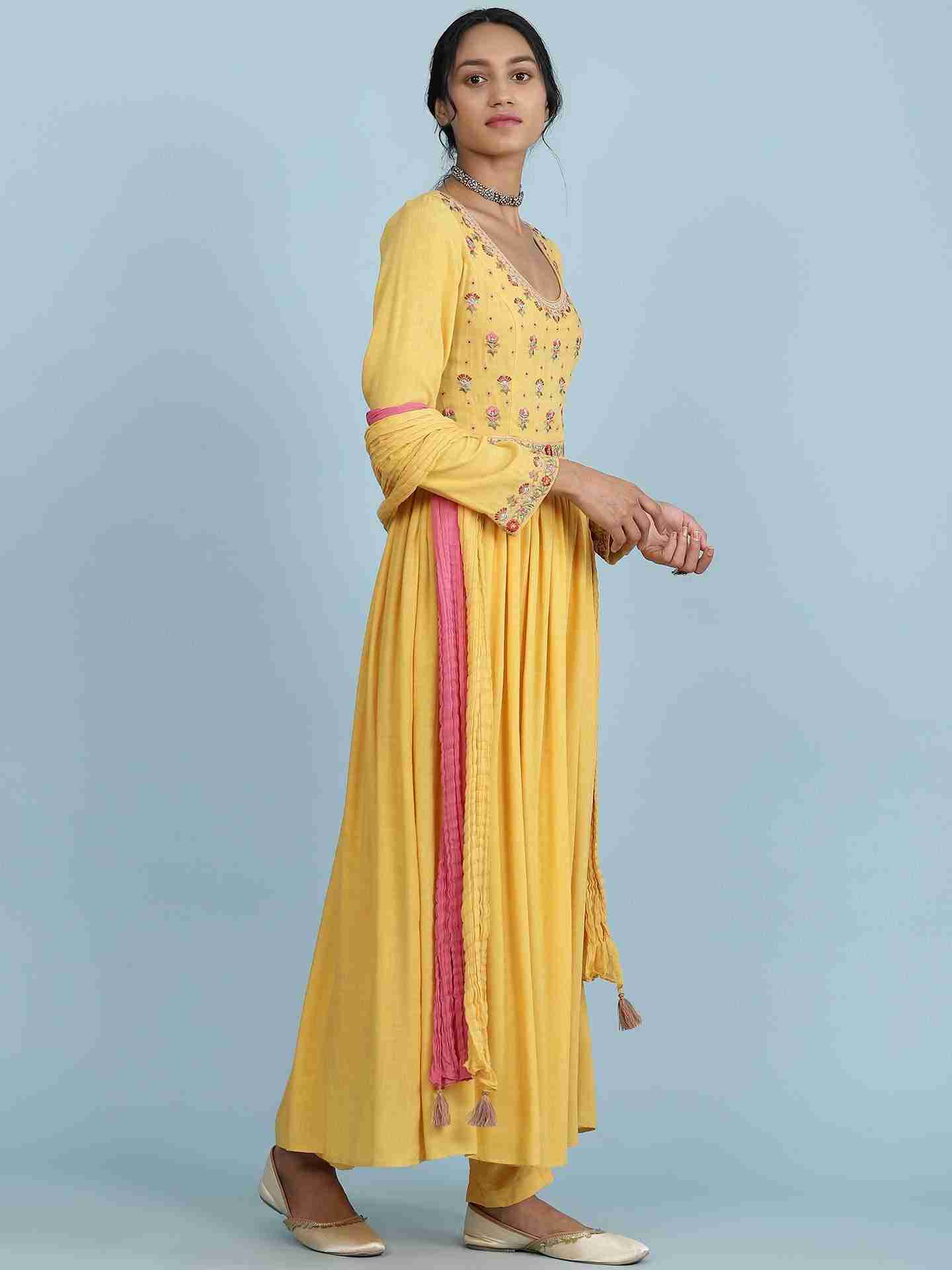 Yellow Ikat Solid Anarkali Suit