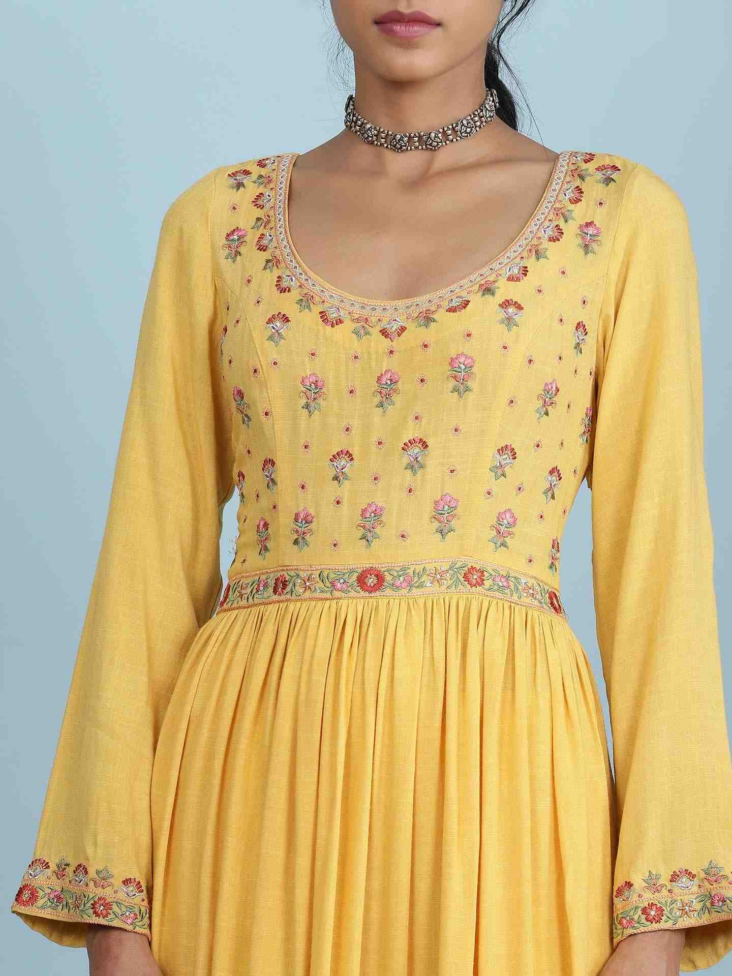 Yellow Ikat Solid Anarkali Suit