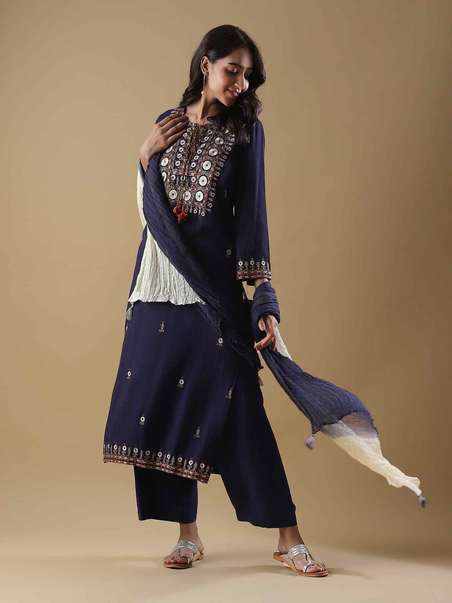 Navy Adriti Solid Suit Set