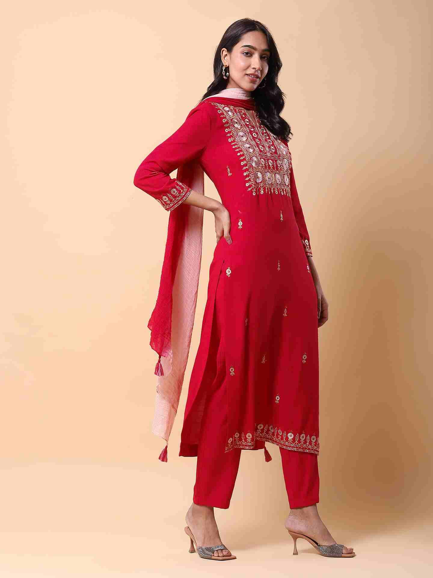 Red Adriti Solid Suit Set