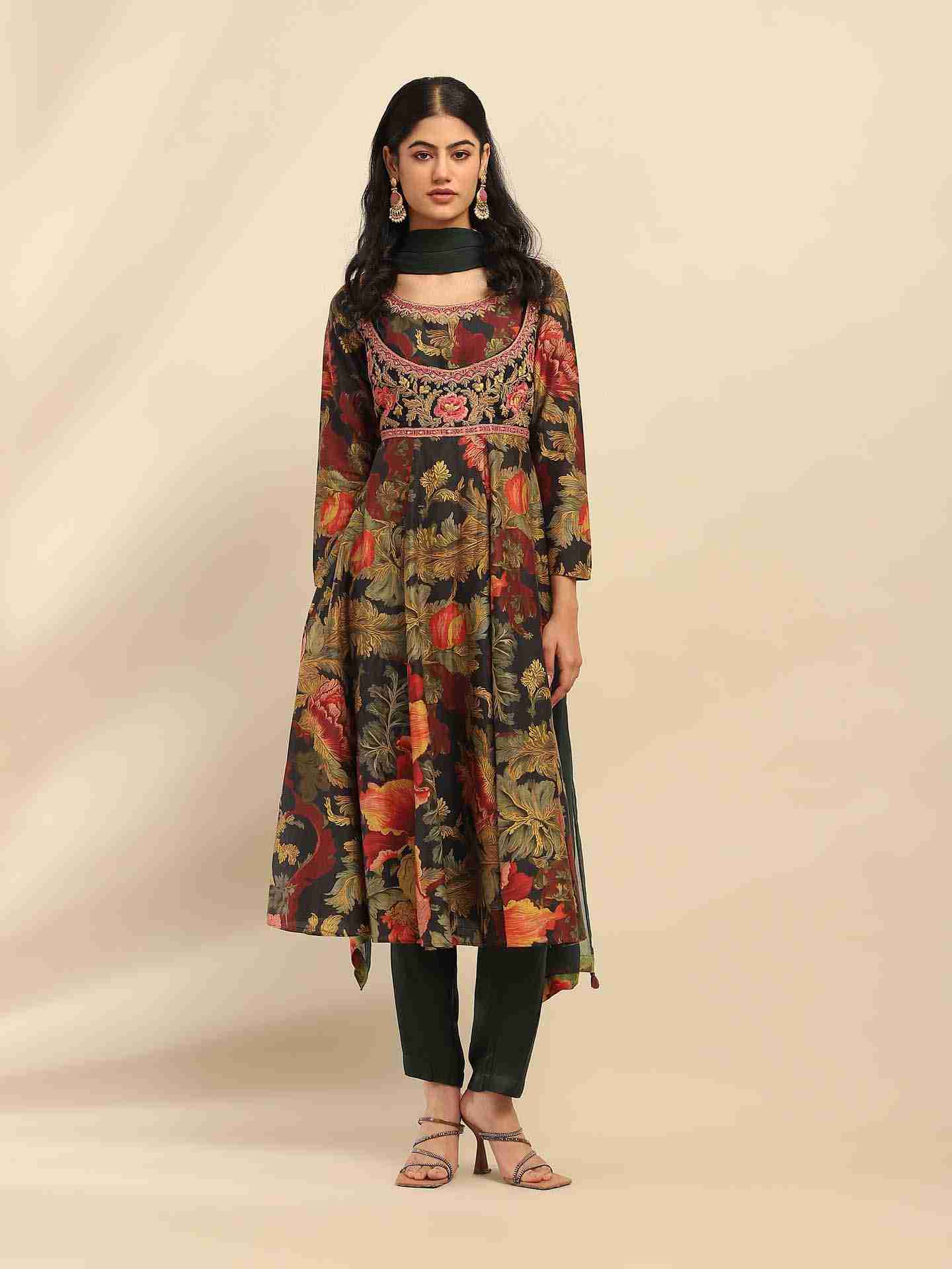 Green Flower Bloom Anarkali Suit