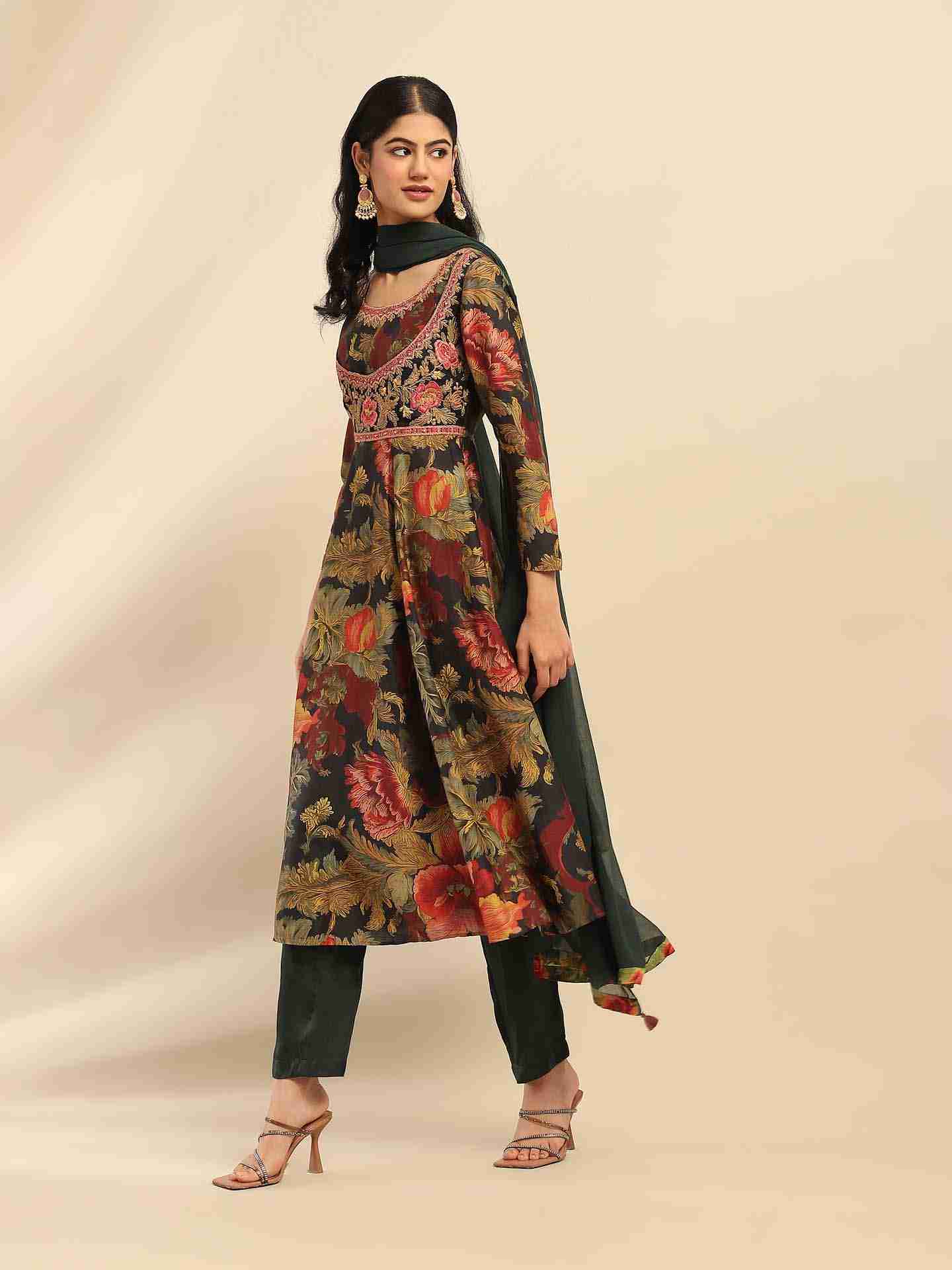 Green Flower Bloom Anarkali Suit