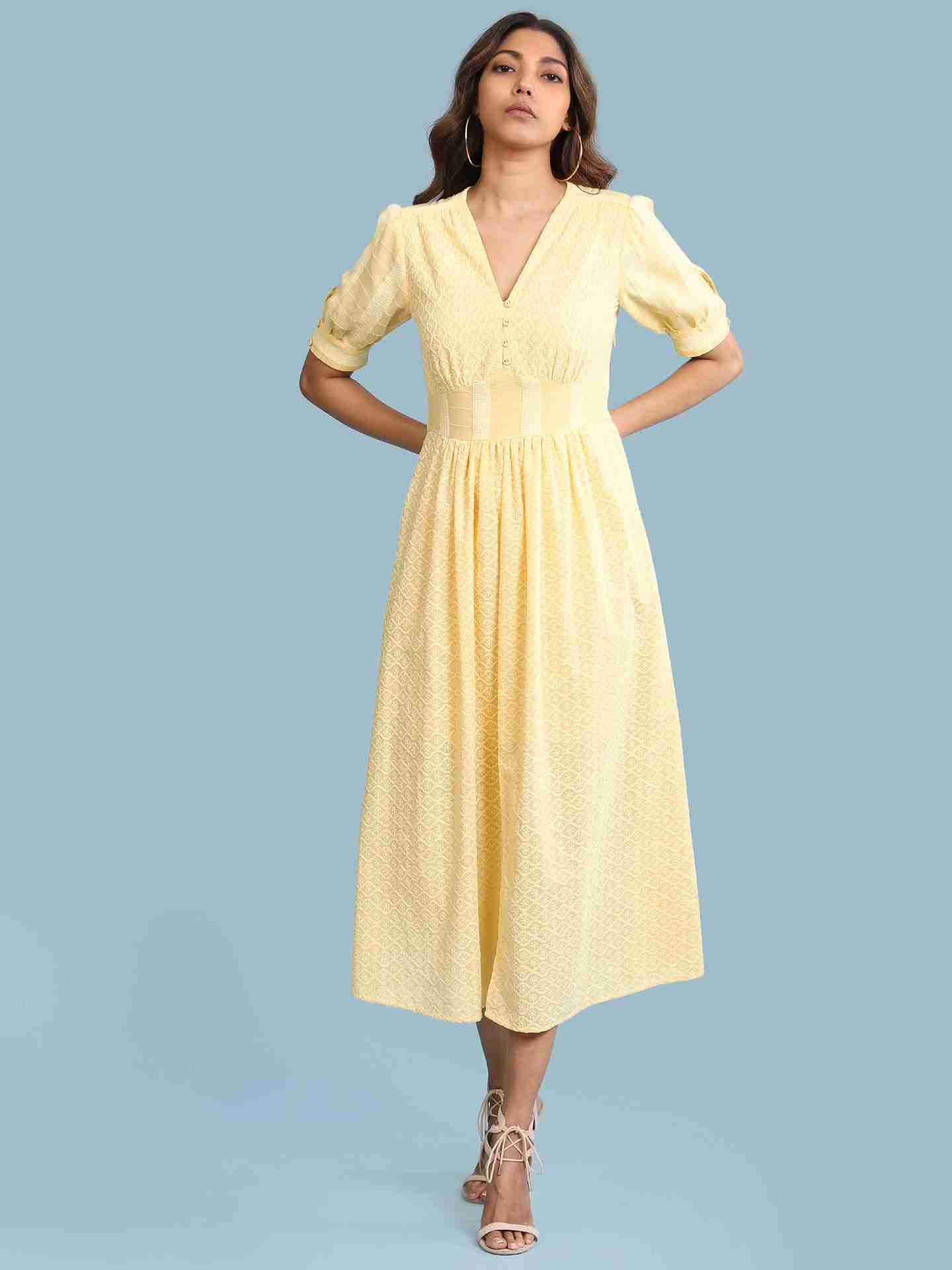 Yellow Chikankari Schiffli Long Dress