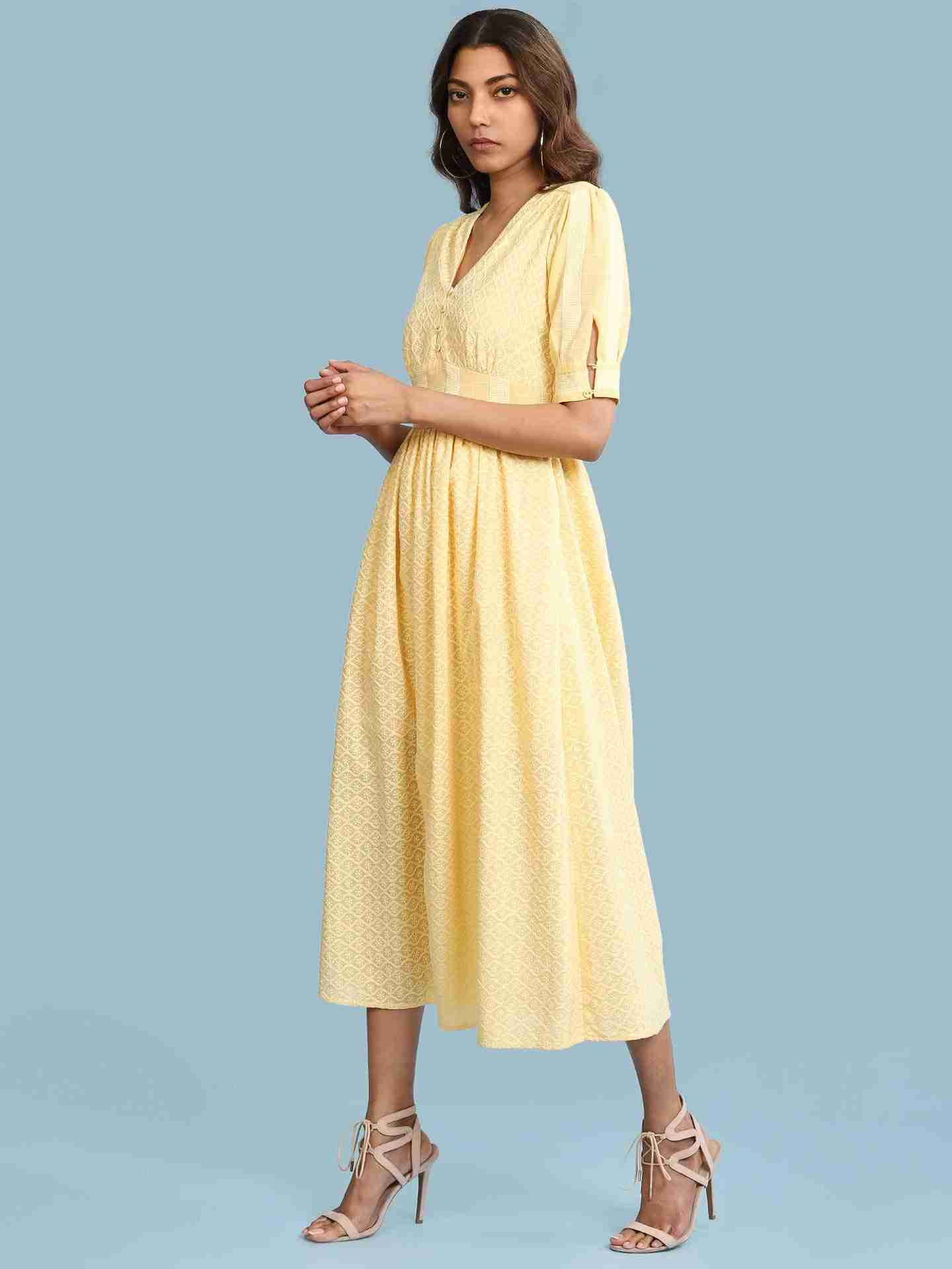 Yellow Chikankari Schiffli Long Dress