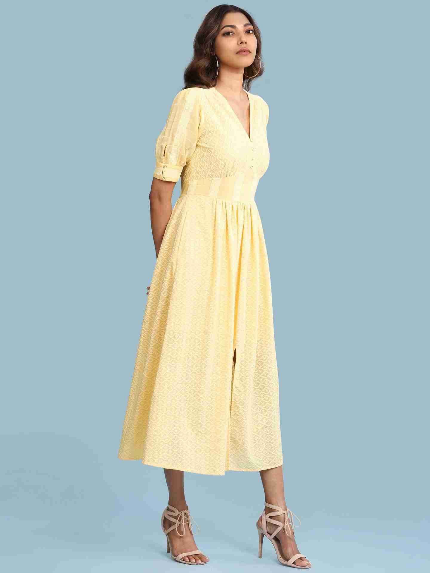 Yellow Chikankari Schiffli Long Dress