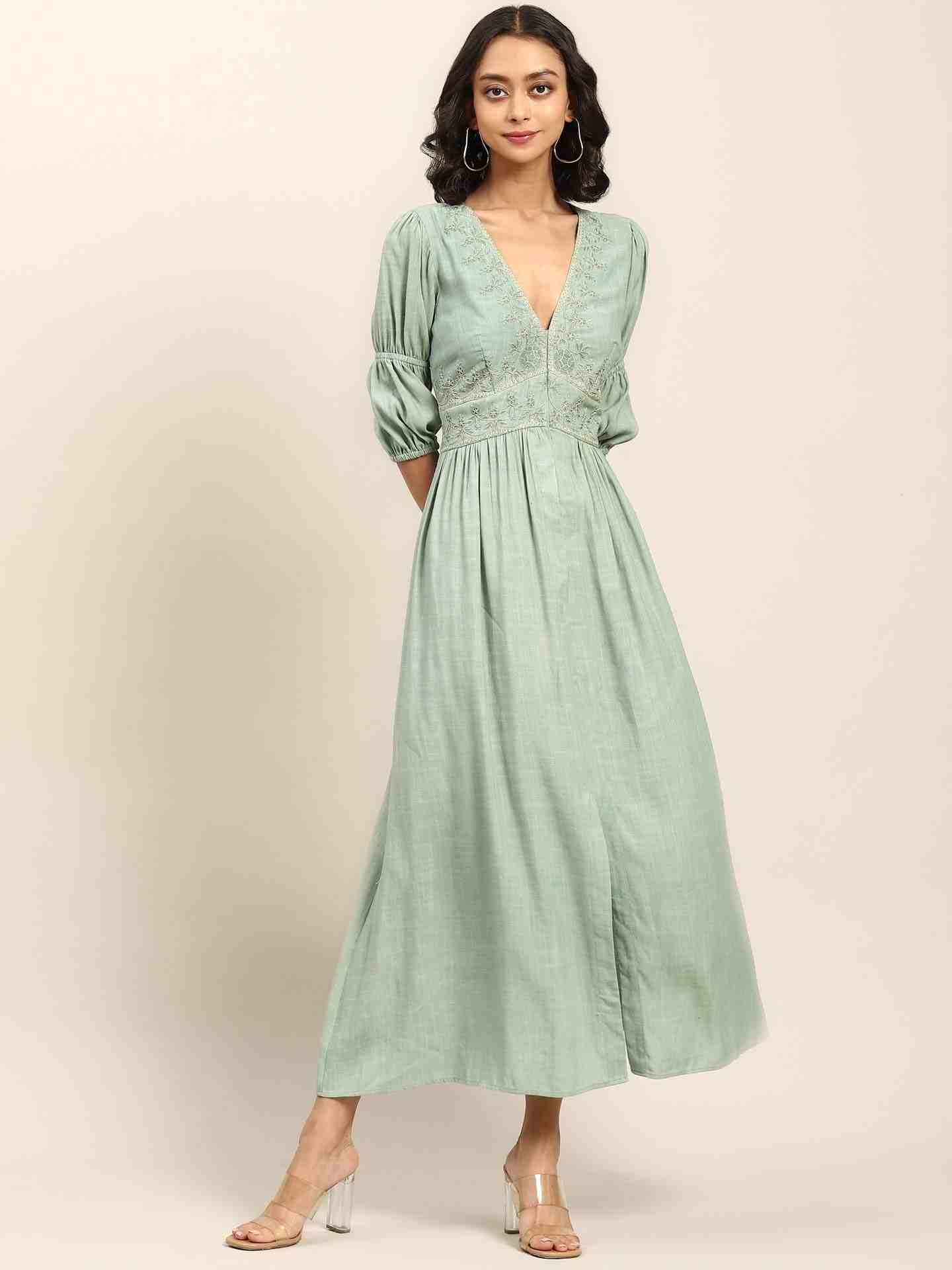Green Palwal Solid Long Dress