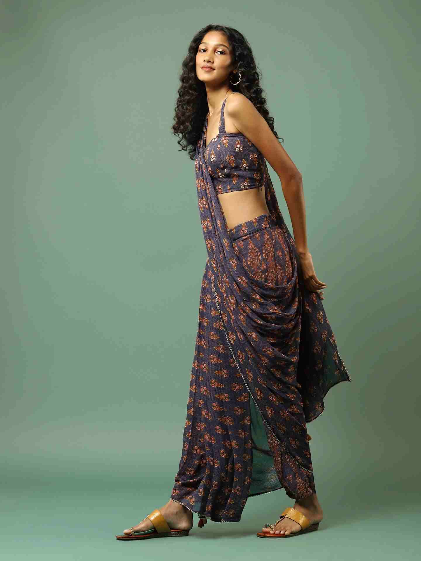 Navy Aabha Pre-Draped Saree