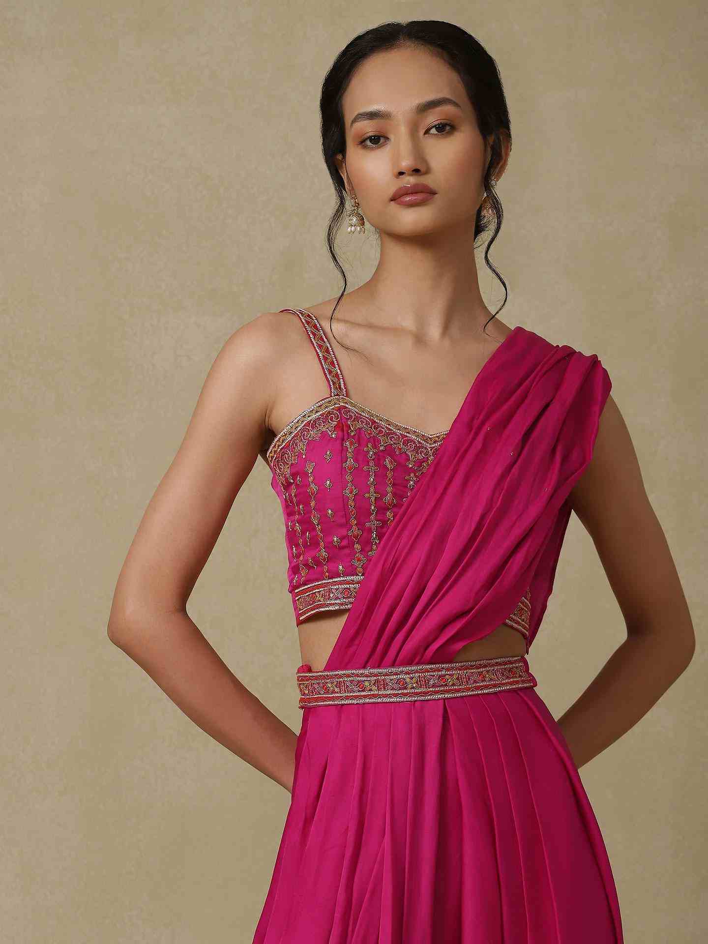 Pink Festive Pre-Draped Saree