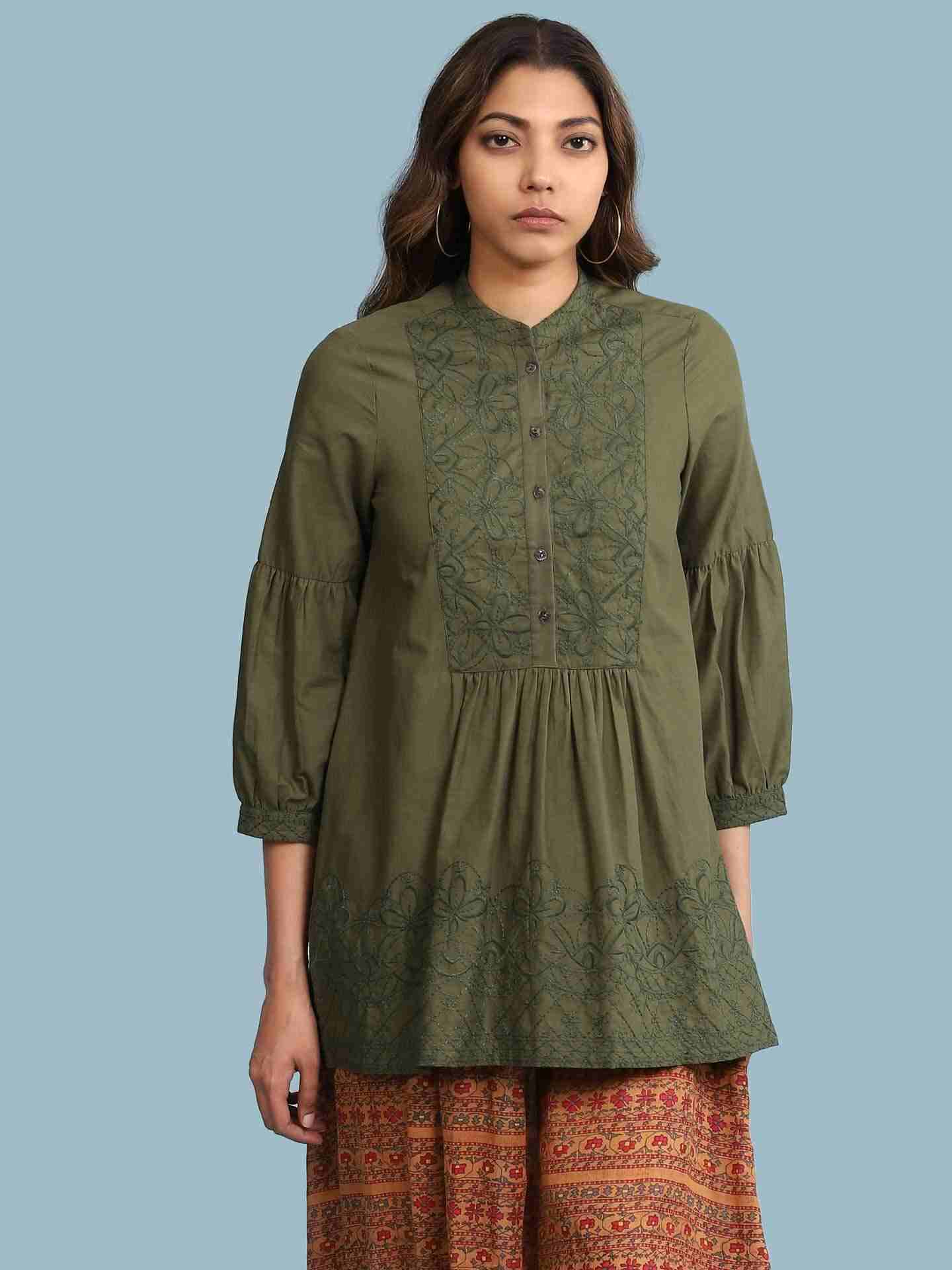 Green Abstract Floral Solid Kurti
