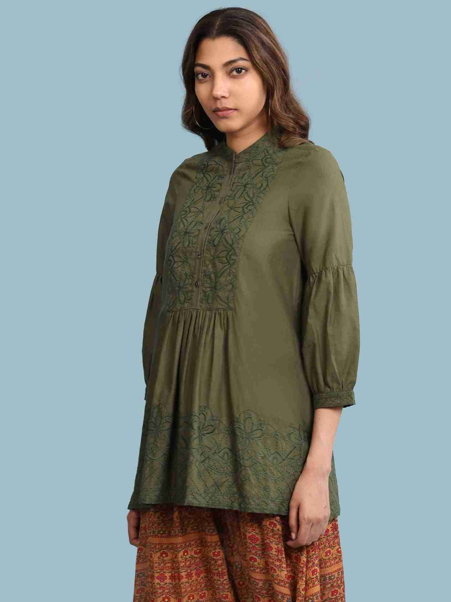 Green Abstract Floral Solid Kurti
