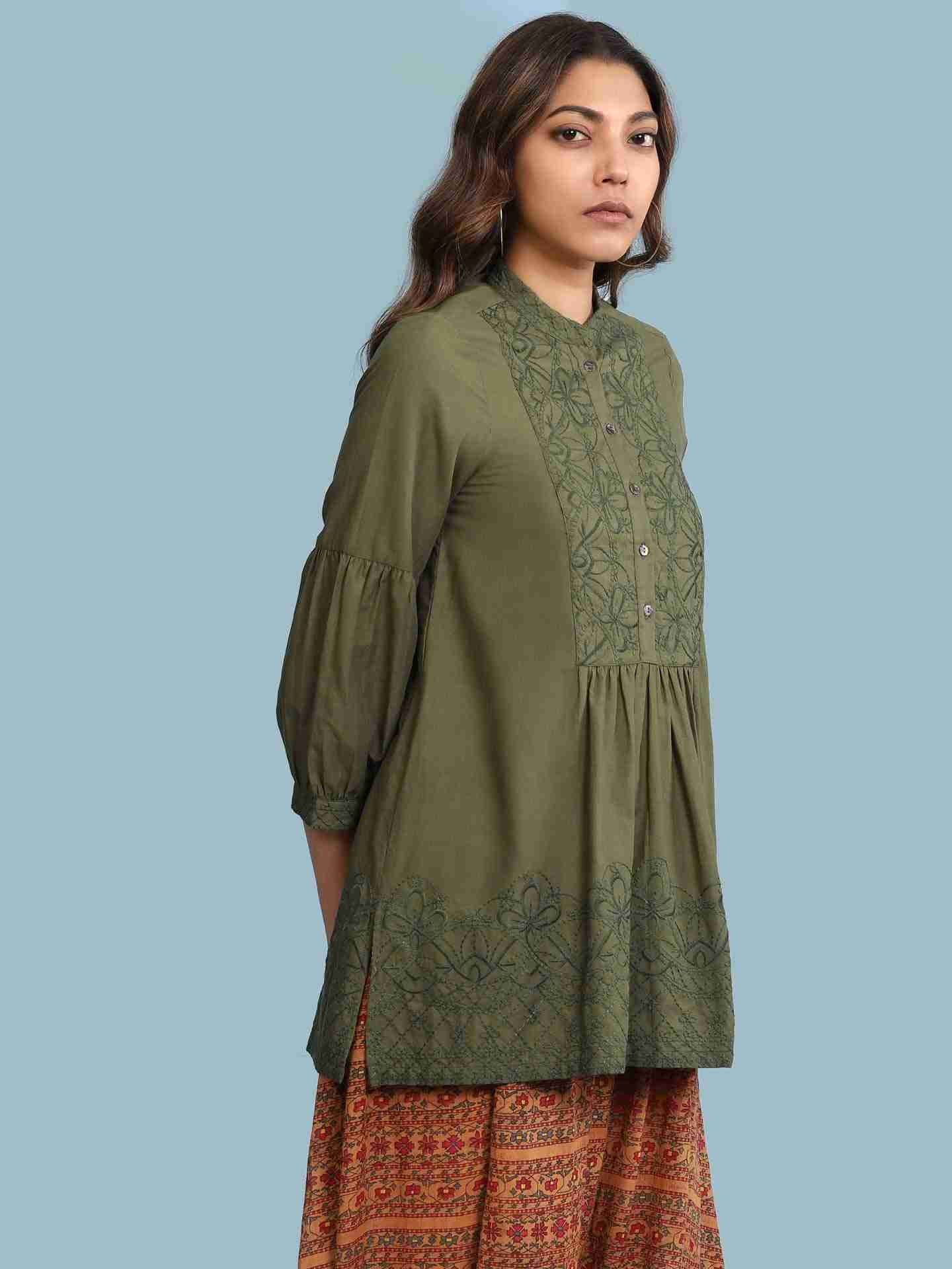 Green Abstract Floral Solid Kurti