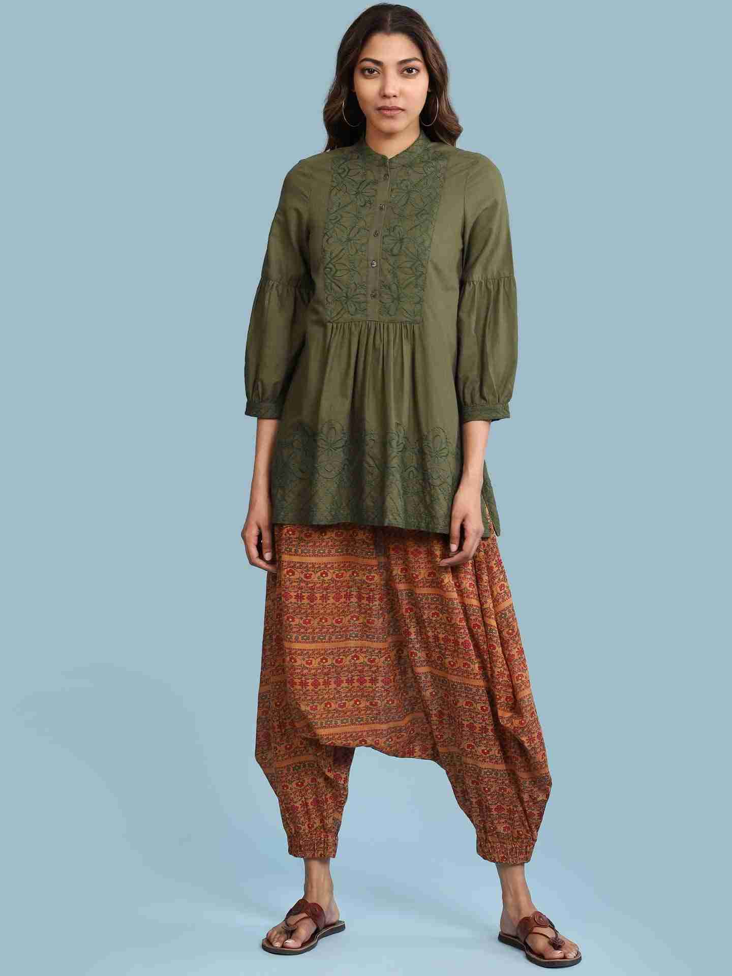 Green Abstract Floral Solid Kurti