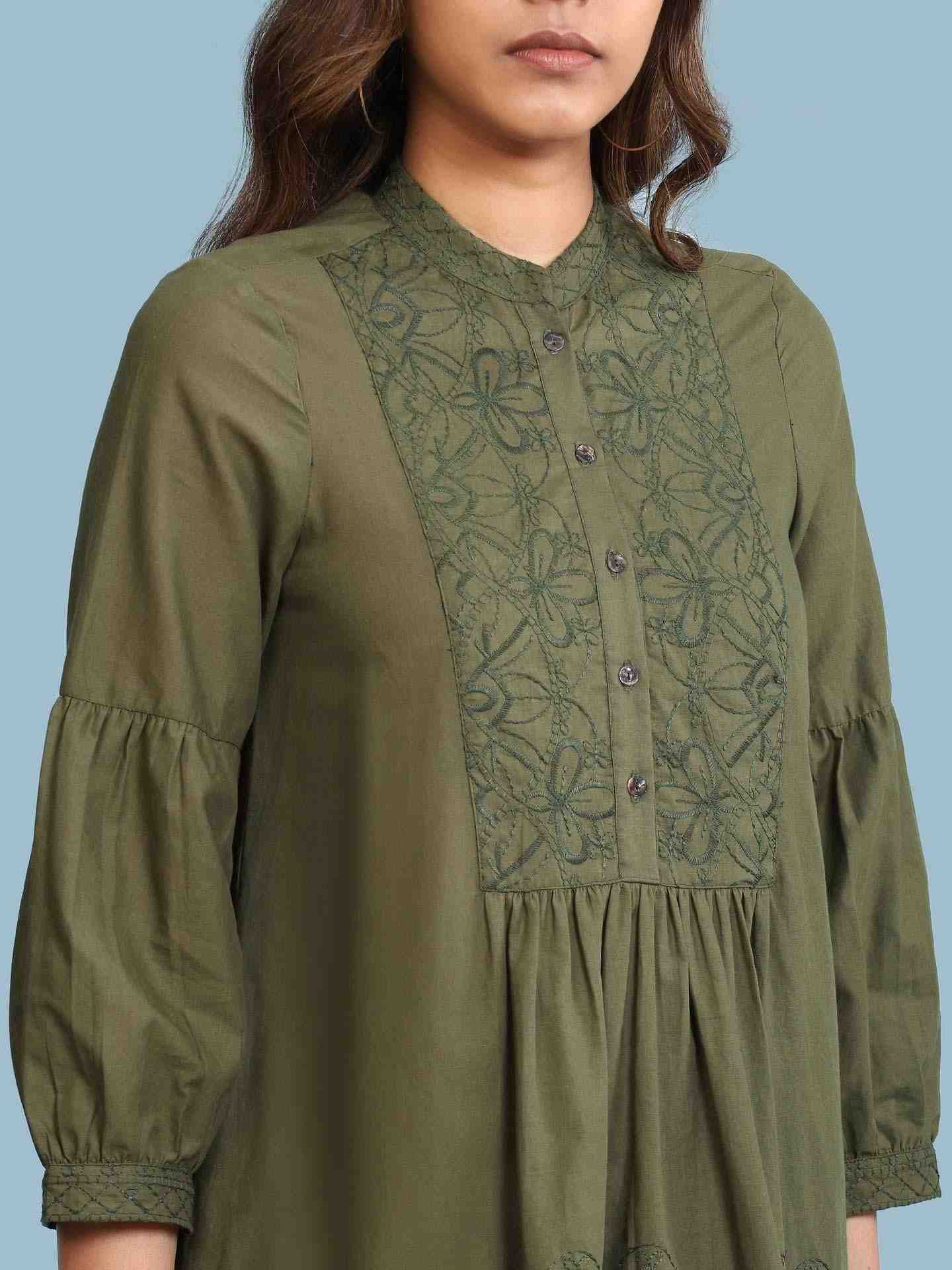 Green Abstract Floral Solid Kurti