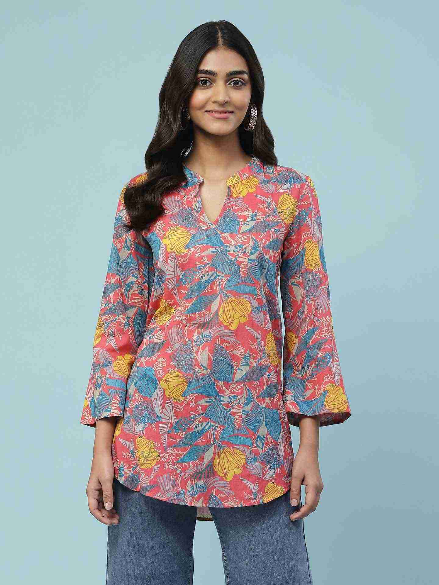 Blue Feather Floral Boxy Top