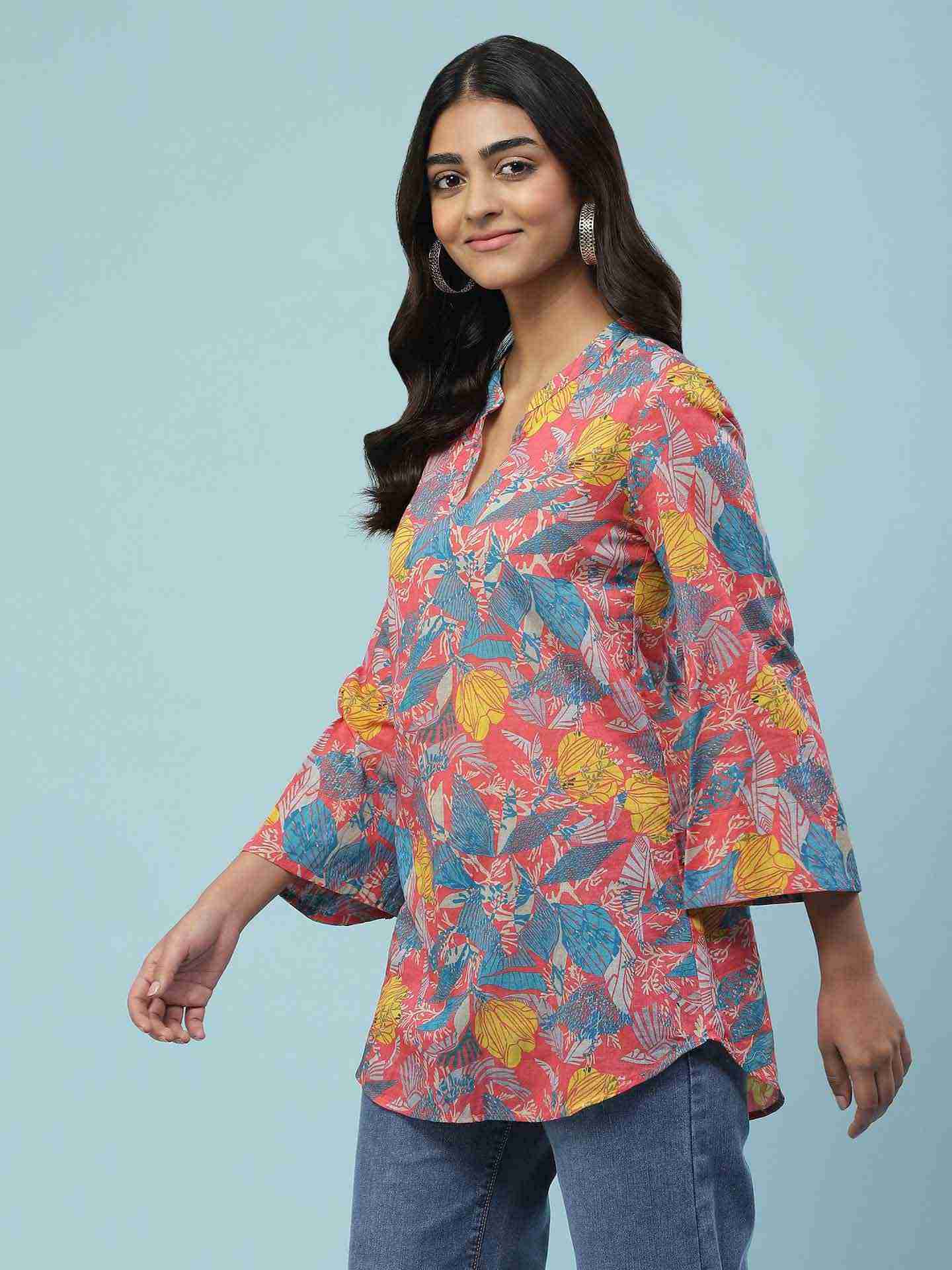 Blue Feather Floral Boxy Top