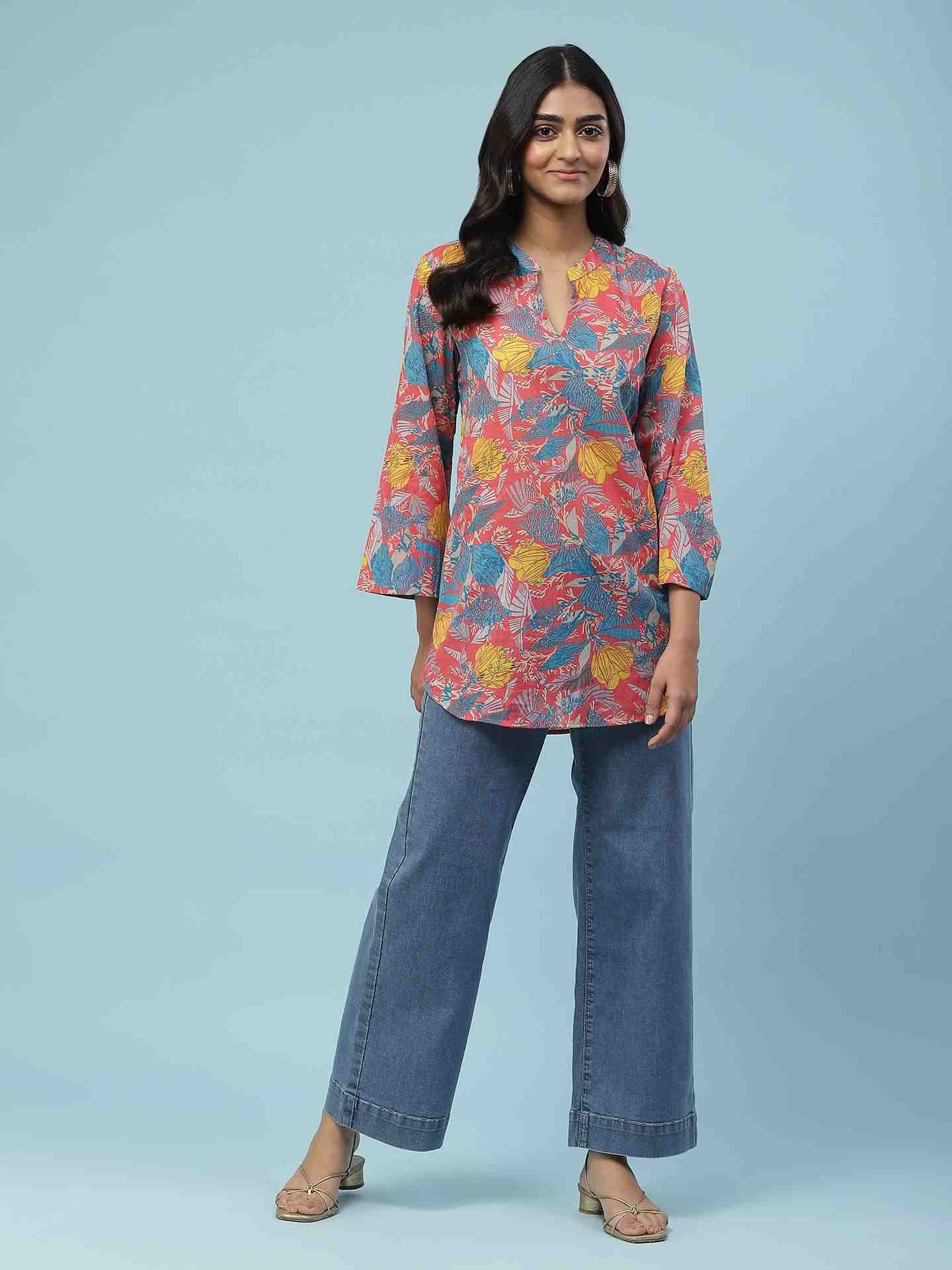 Blue Feather Floral Boxy Top