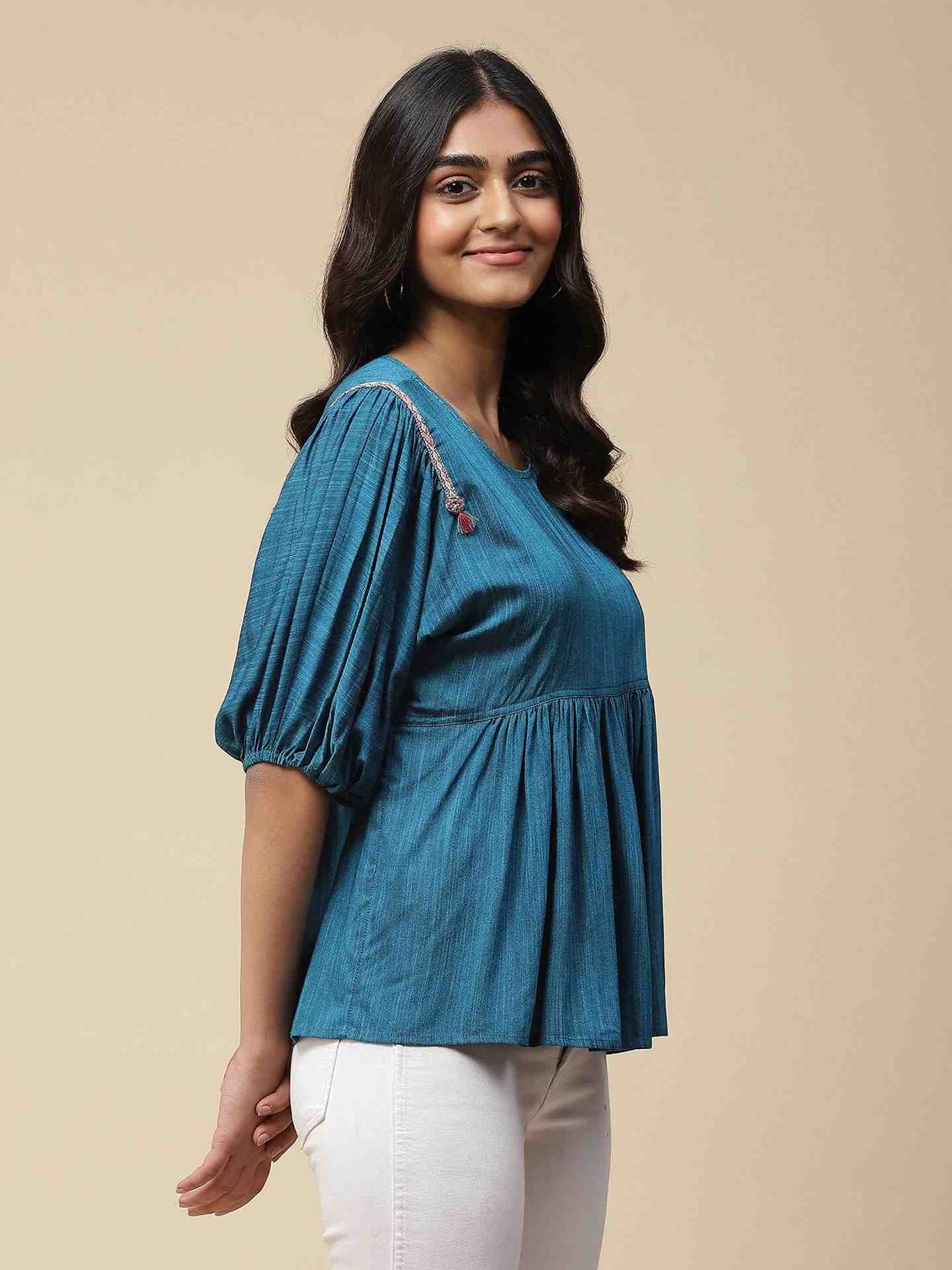 Blue Kimaya Peasant Top