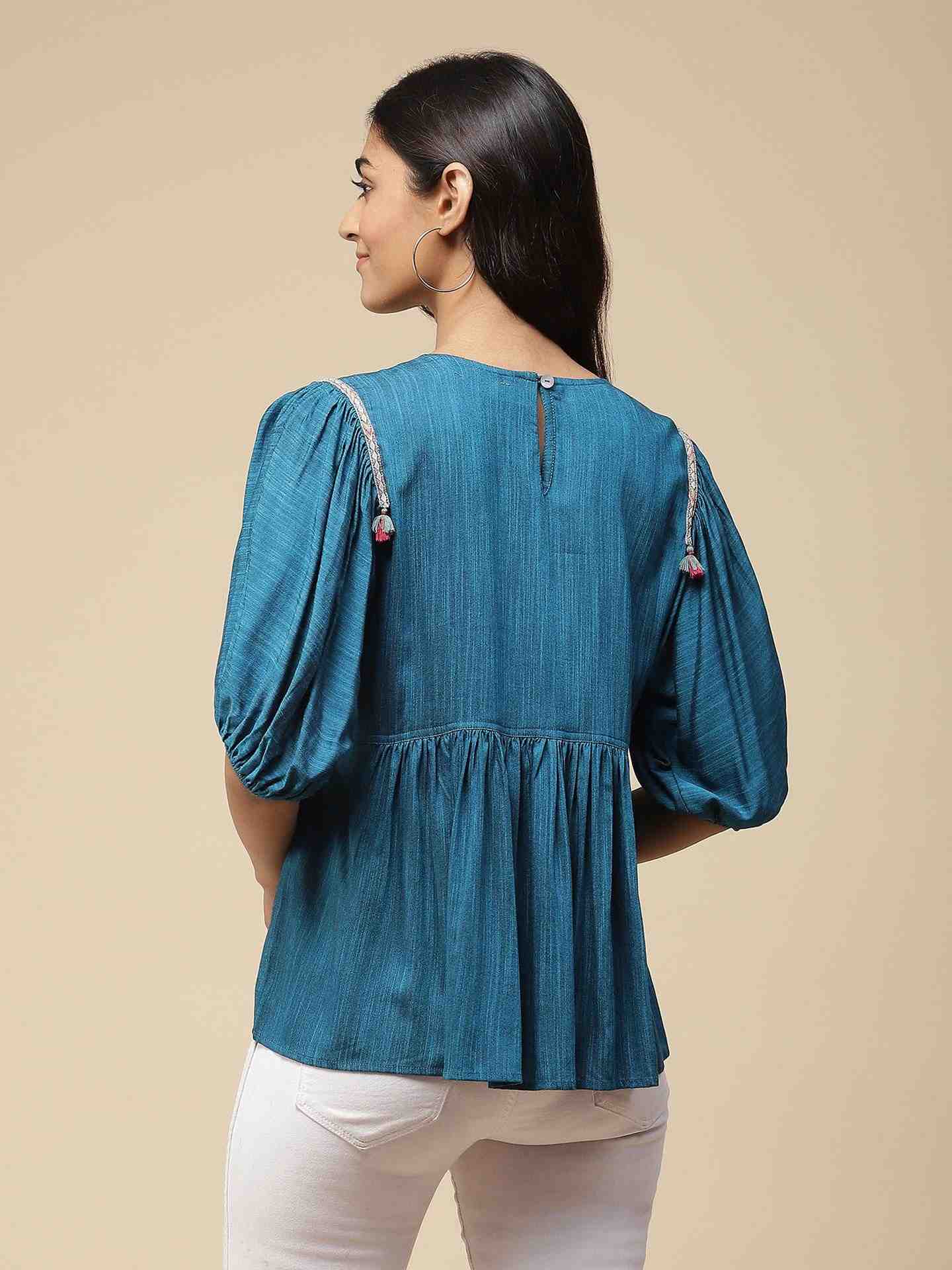 Blue Kimaya Peasant Top