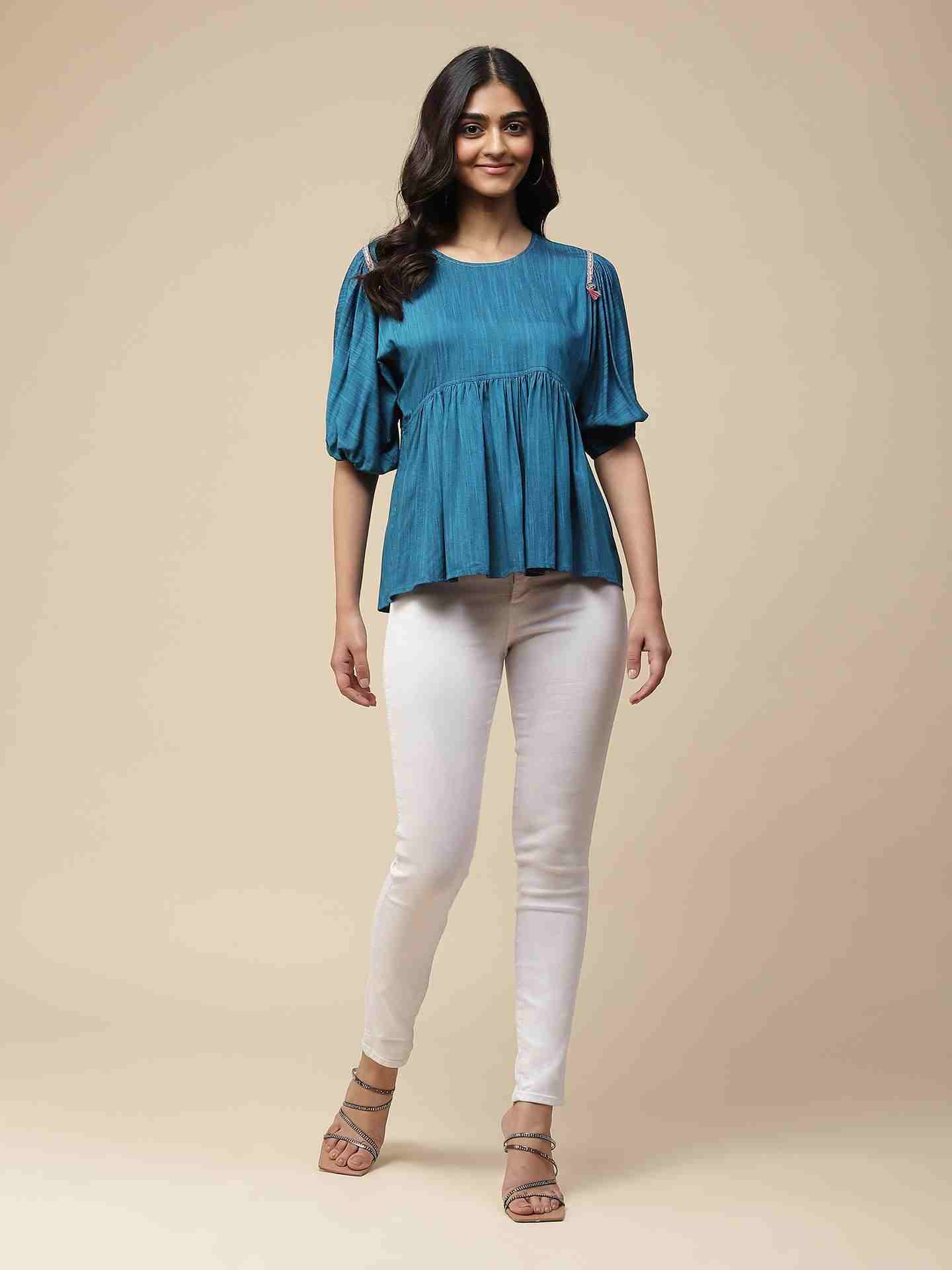 Blue Kimaya Peasant Top