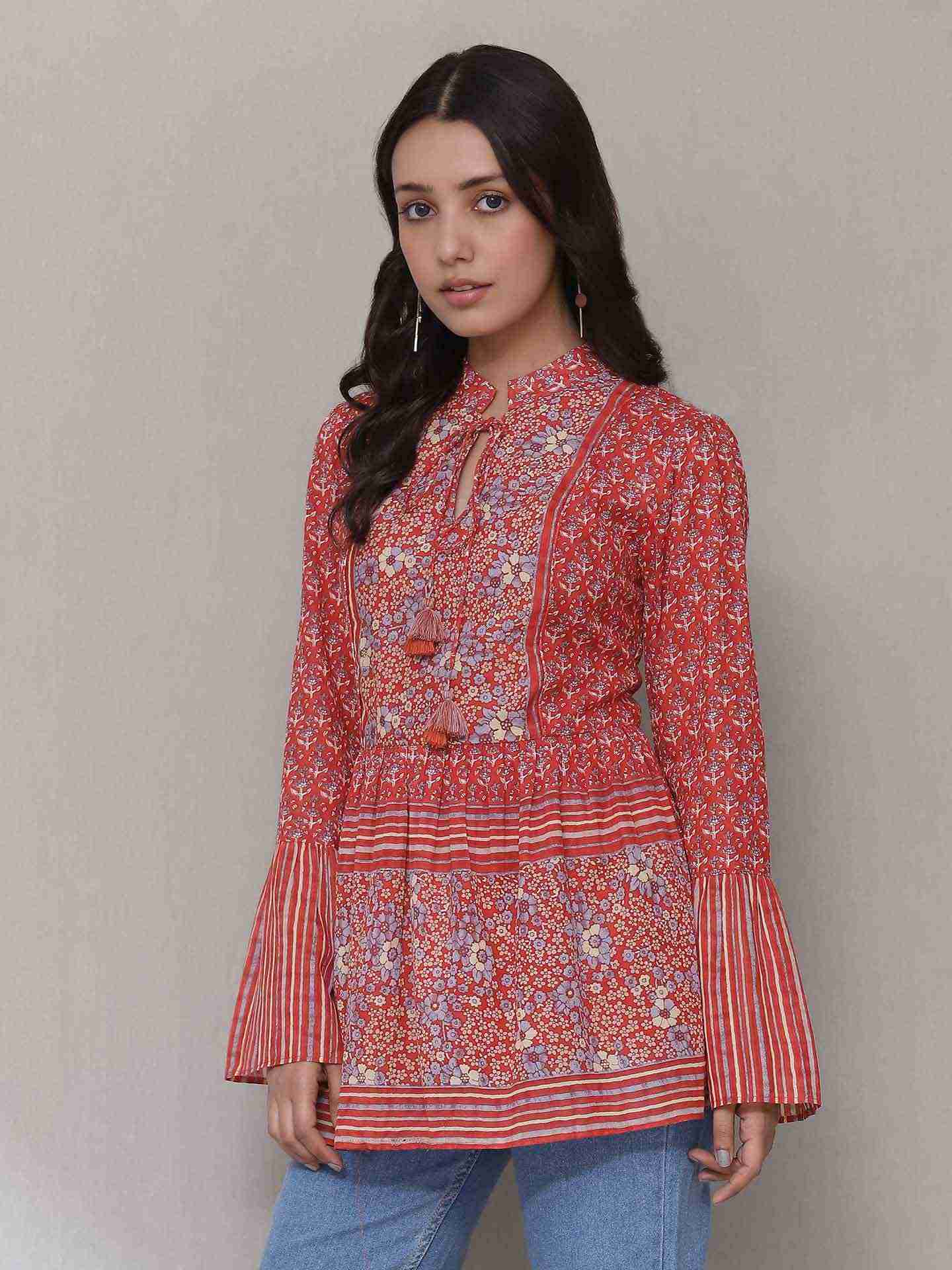 Red Kathaa Peasant Top