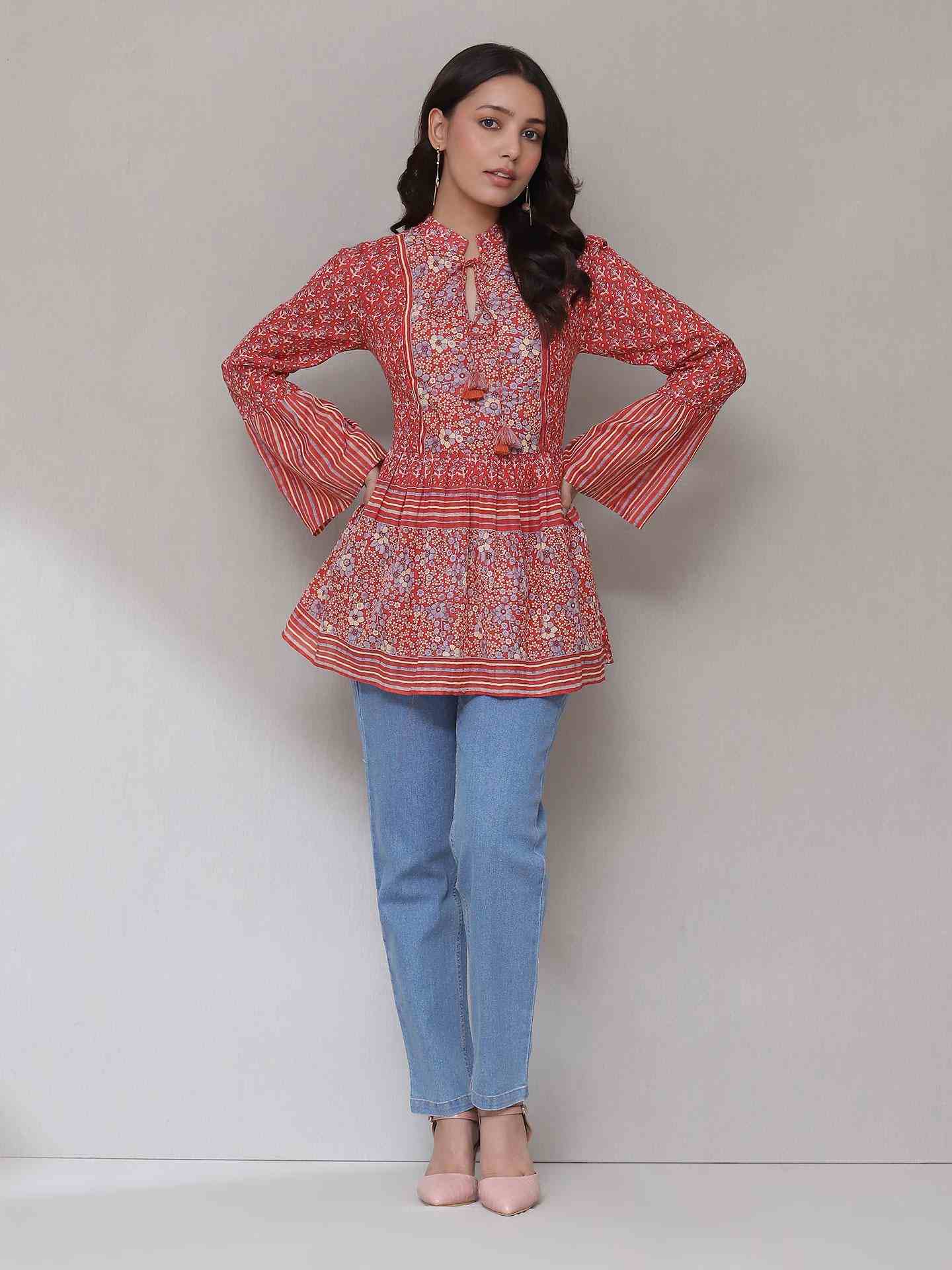 Red Kathaa Peasant Top