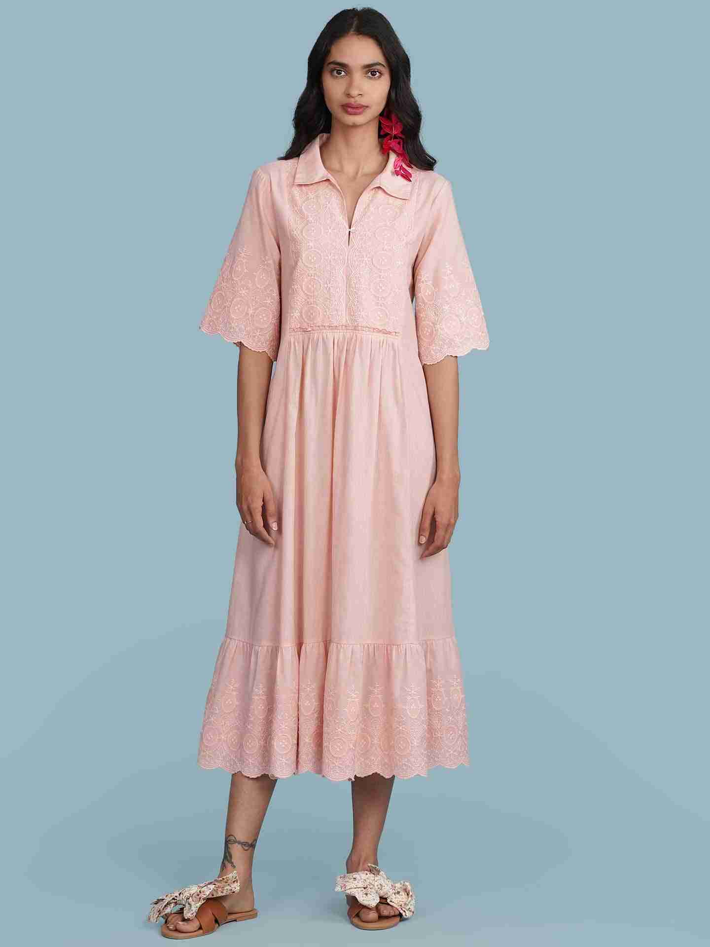 Pink Schiffli Solid Long Dress